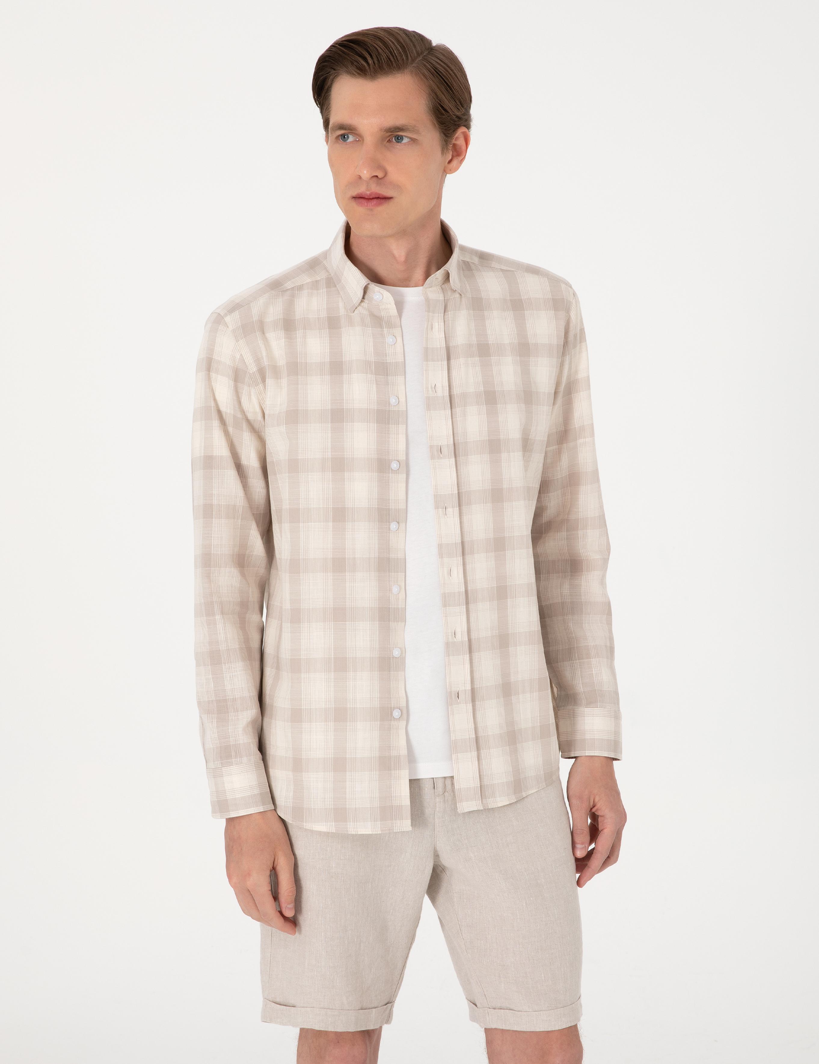 Bej Regular Fit Ekose Uzun Kollu Gömlek