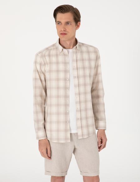 Bej Regular Fit Ekose Uzun Kollu Gömlek - 50310832002