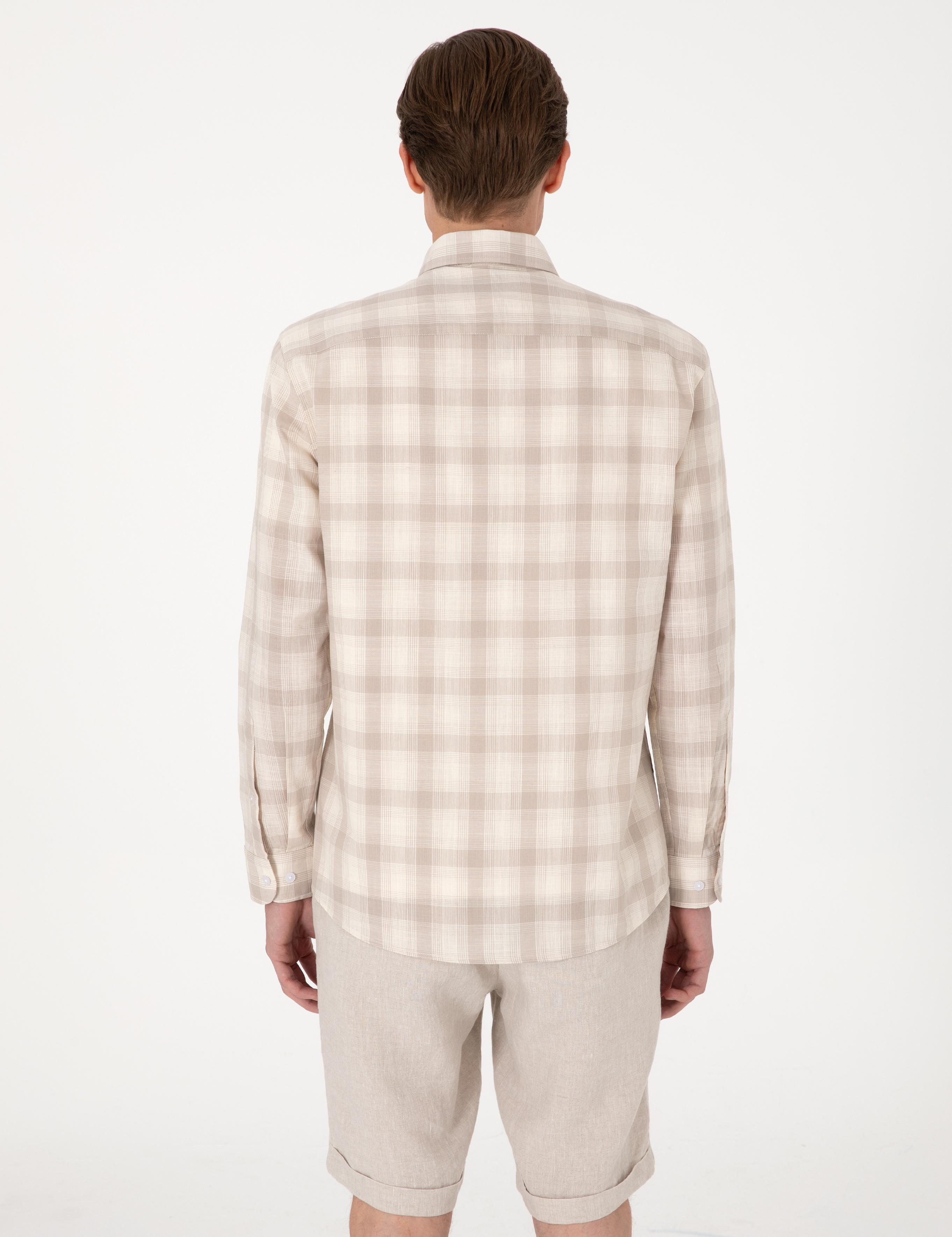 Bej Regular Fit Ekose Uzun Kollu Gömlek