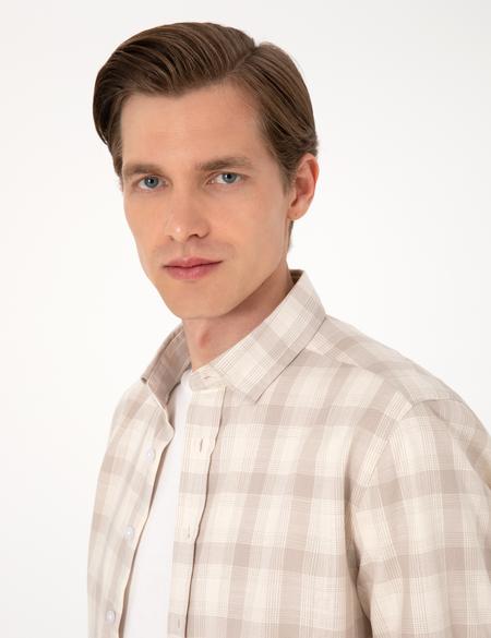 Bej Regular Fit Ekose Uzun Kollu Gömlek - 50310832002