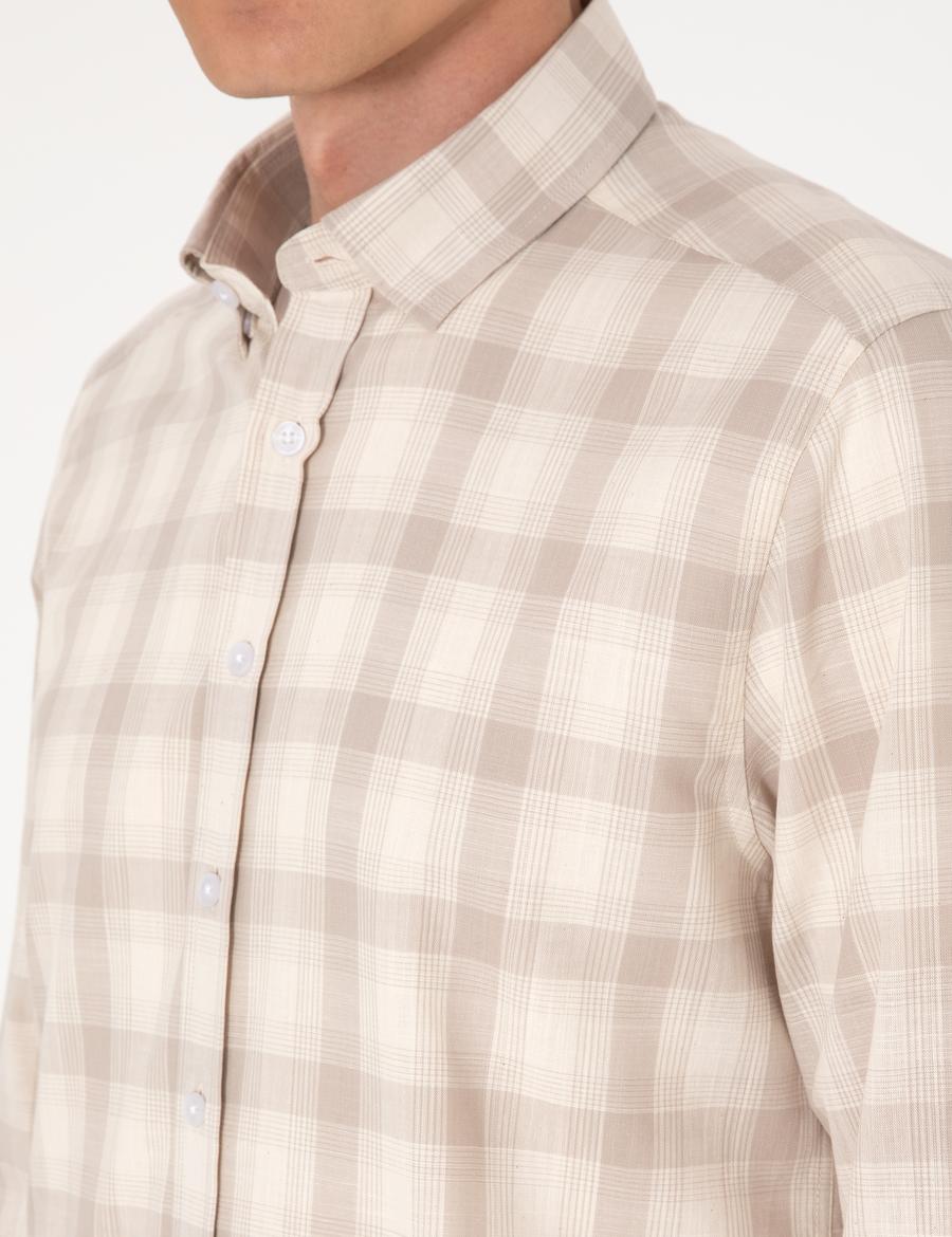 Bej Regular Fit Ekose Uzun Kollu Gömlek
