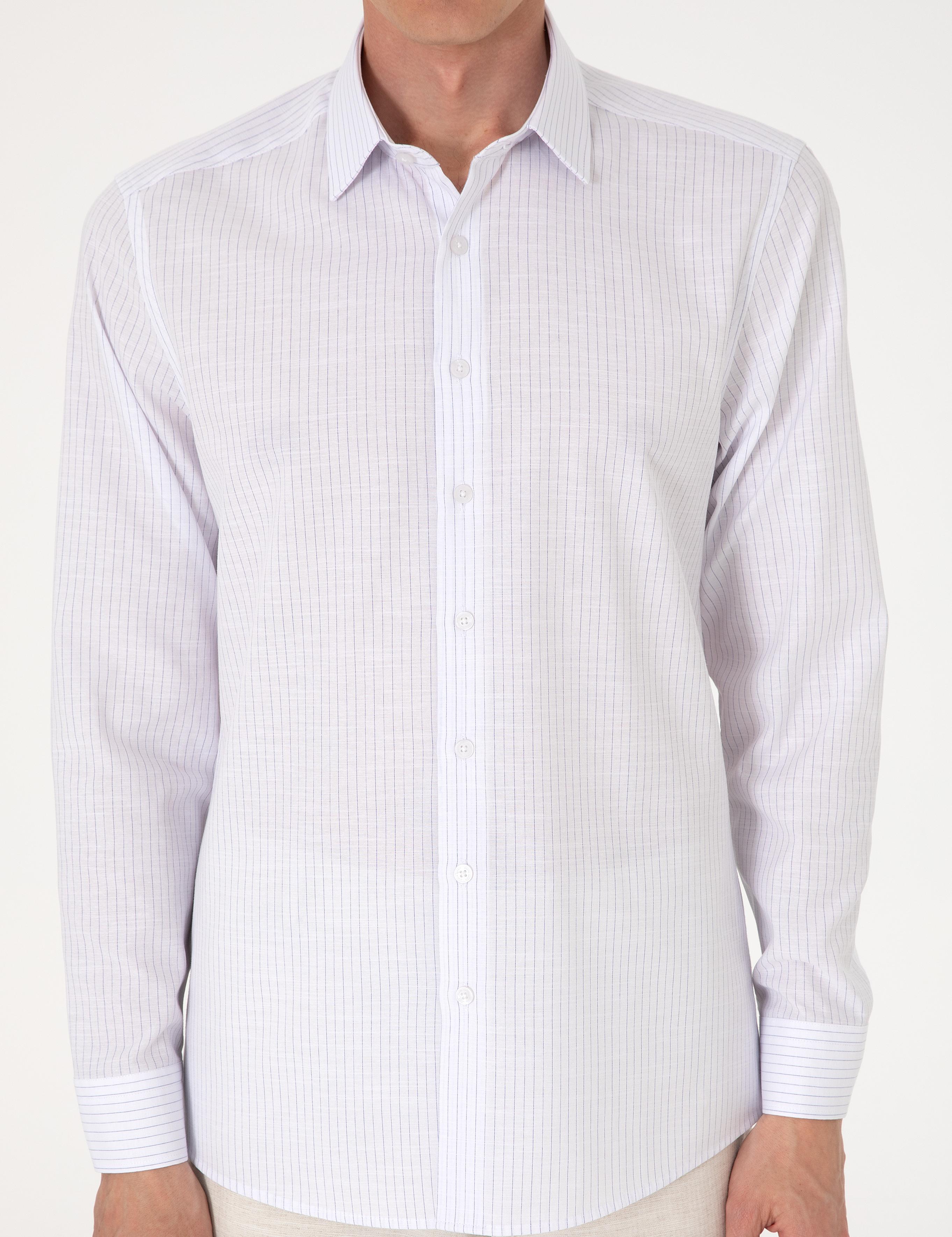 Lacivert Slim Fit Çizgili Uzun Kollu Gömlek