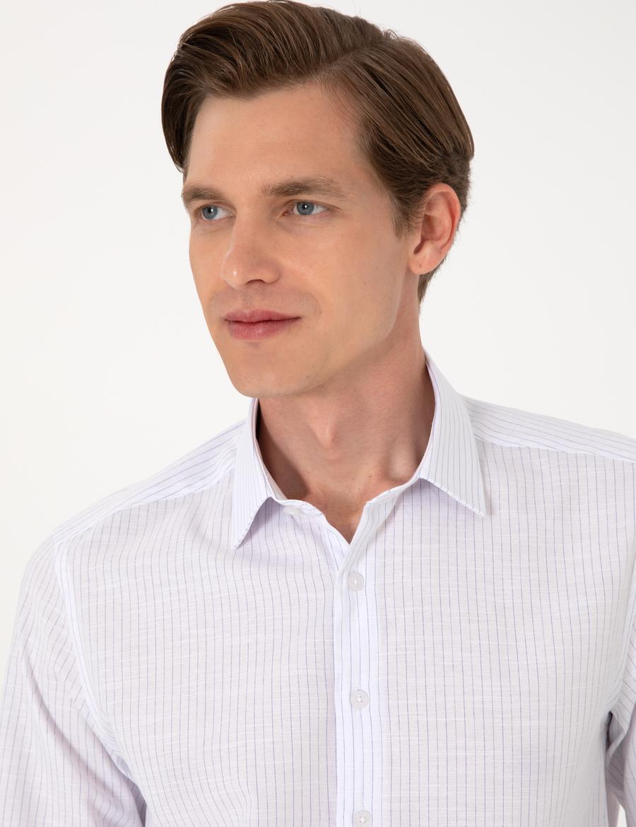 Lacivert Slim Fit Çizgili Uzun Kollu Gömlek