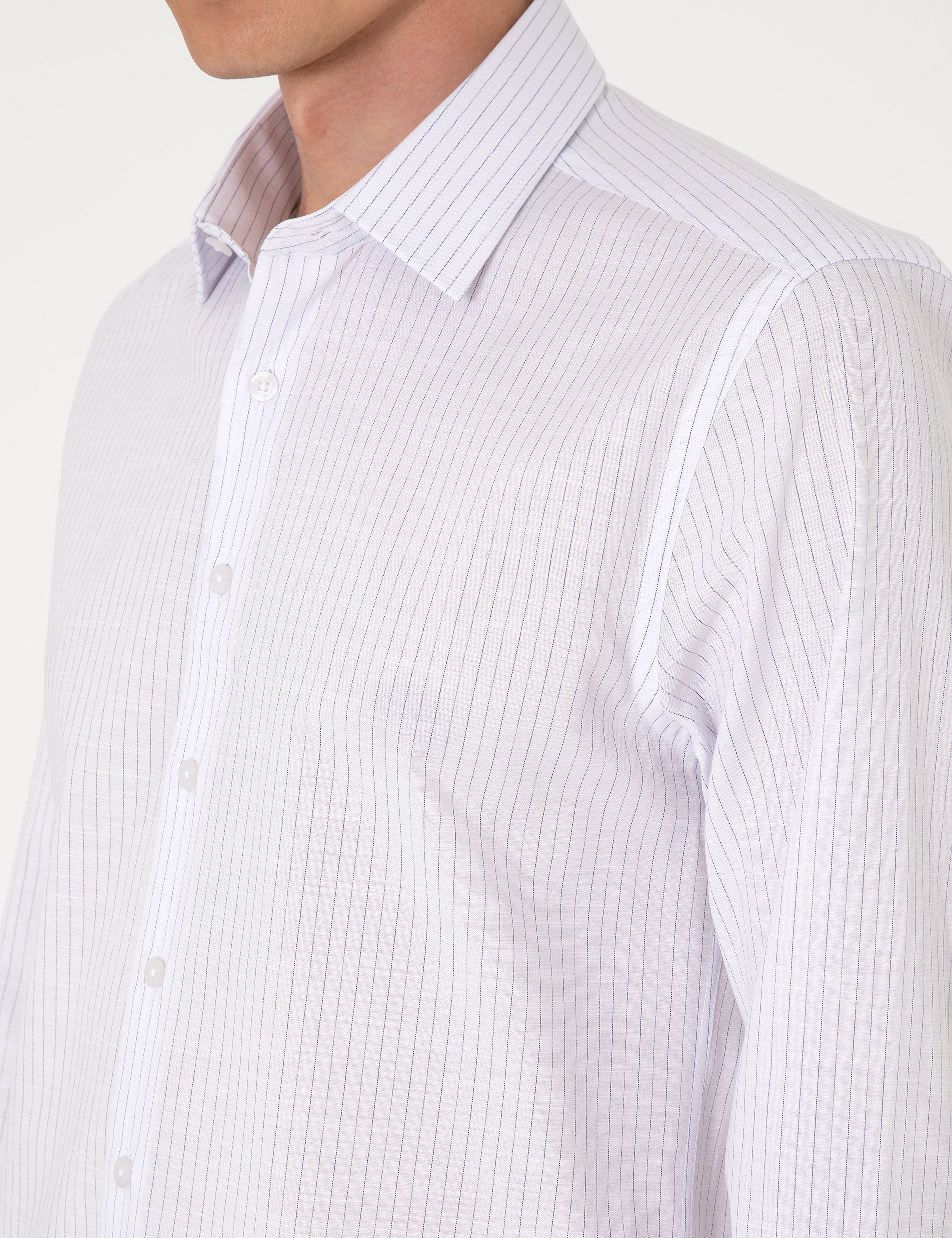 Lacivert Slim Fit Çizgili Uzun Kollu Gömlek - Image 7