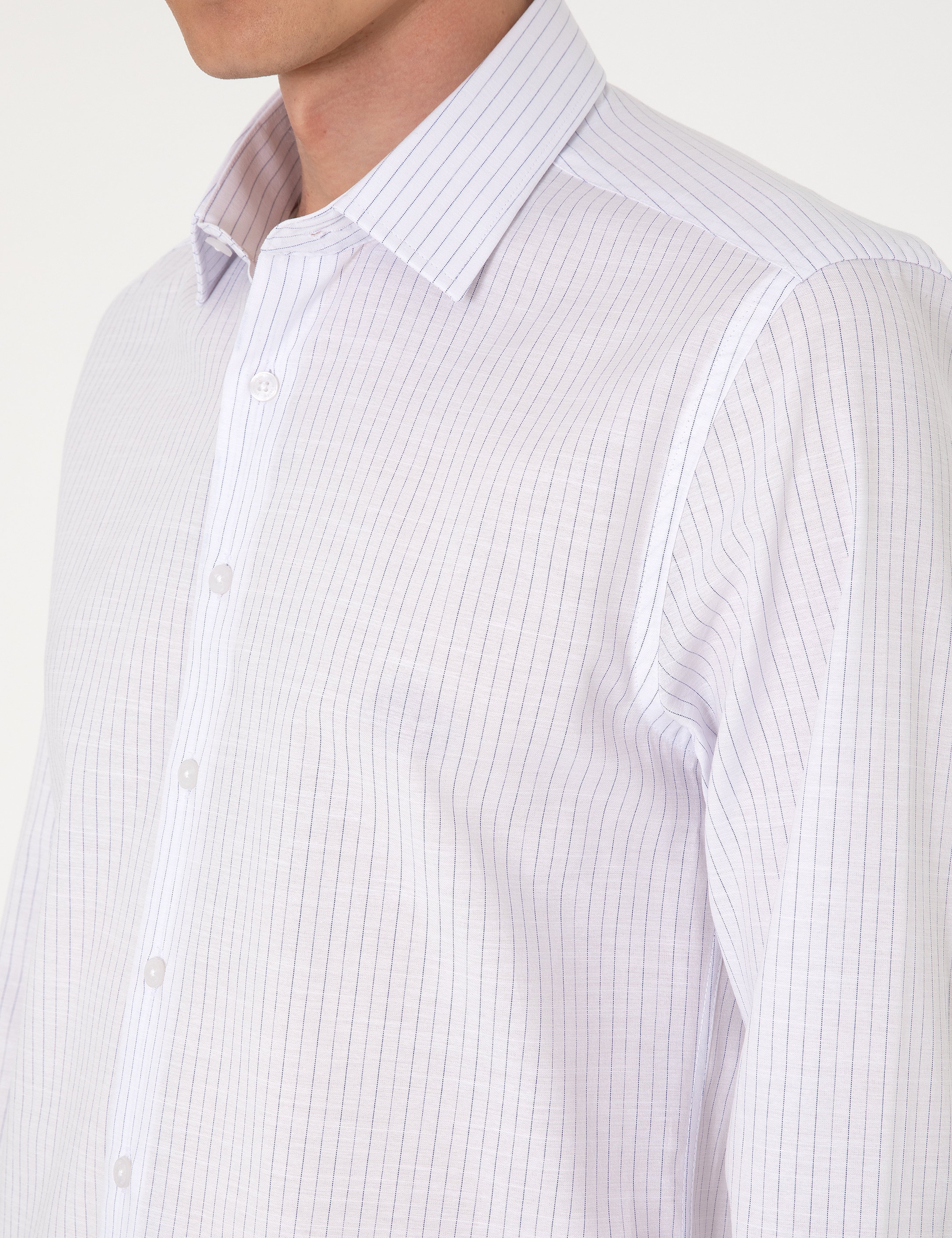 Lacivert Slim Fit Çizgili Uzun Kollu Gömlek