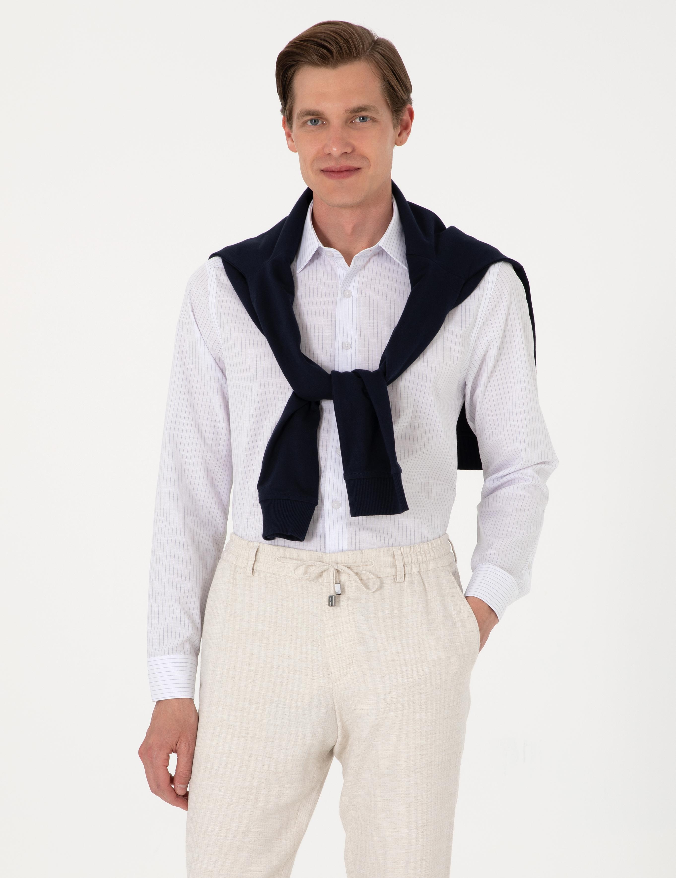 Lacivert Slim Fit Çizgili Uzun Kollu Gömlek