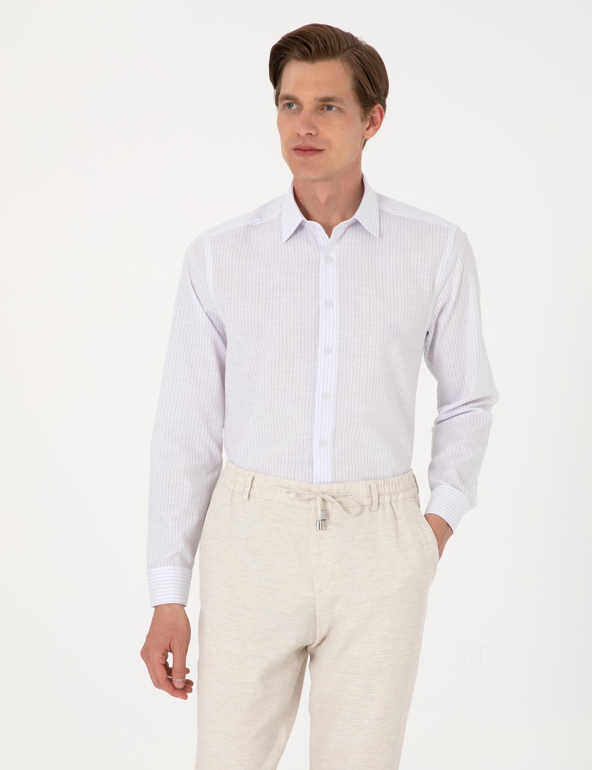 Lacivert Slim Fit Çizgili Uzun Kollu Gömlek