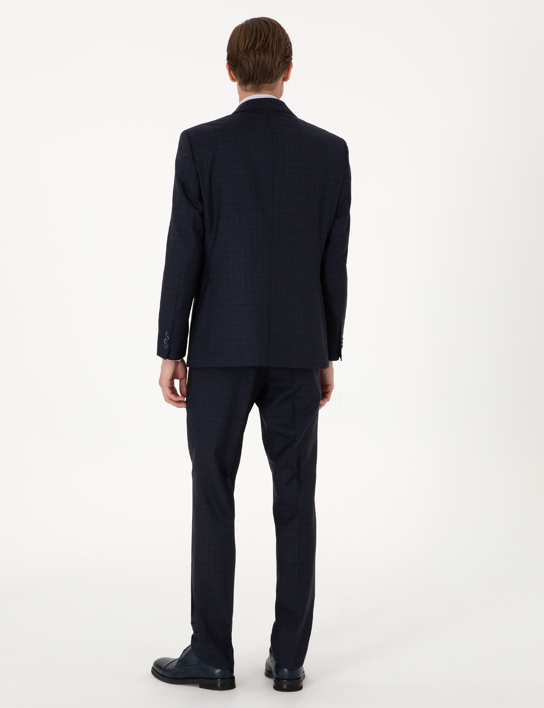 Lacivert Slim Fit %100 Yün Ekose Takım Elbise