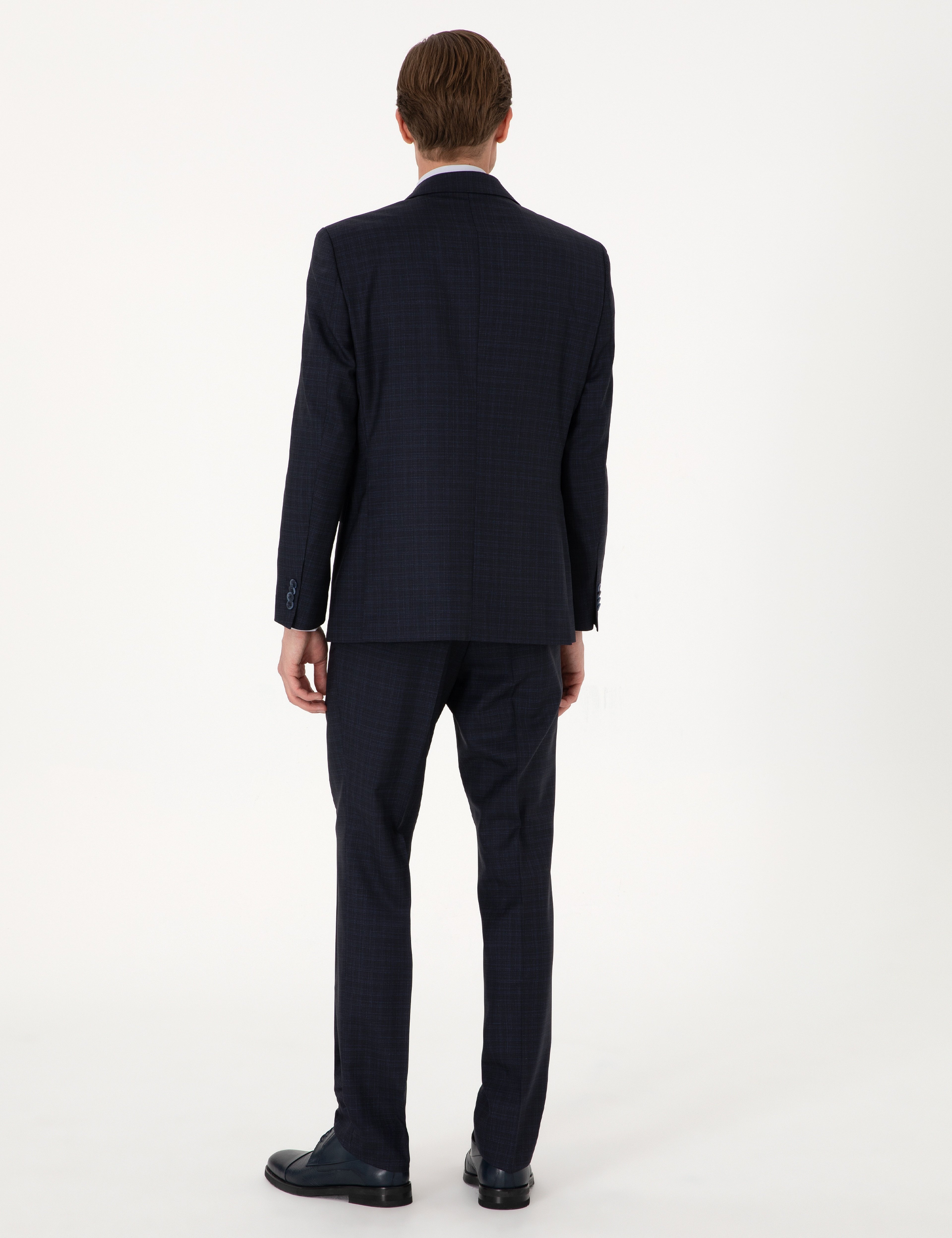 Lacivert Slim Fit %100 Yün Ekose Takım Elbise