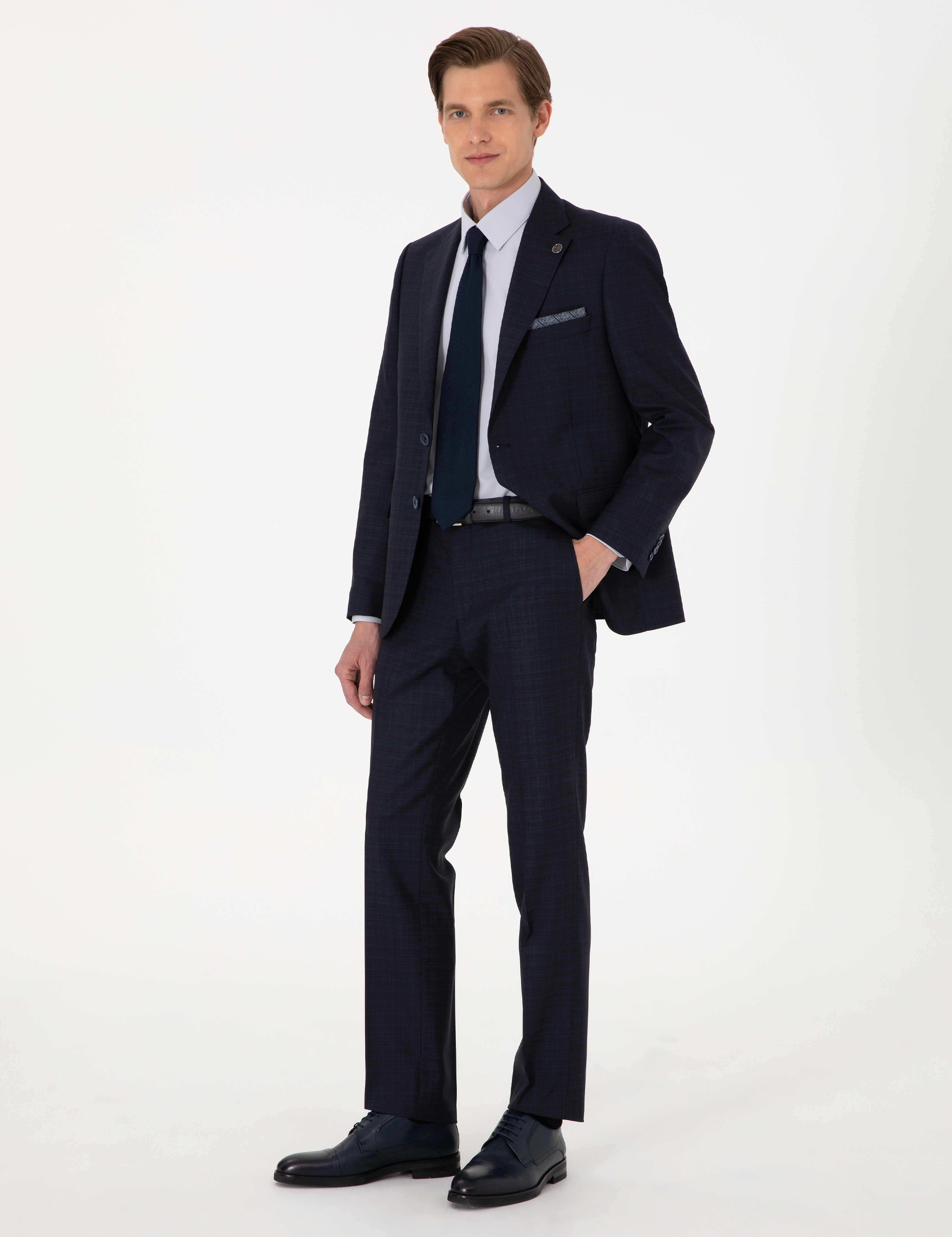 Lacivert Slim Fit %100 Yün Ekose Takım Elbise - Image 4