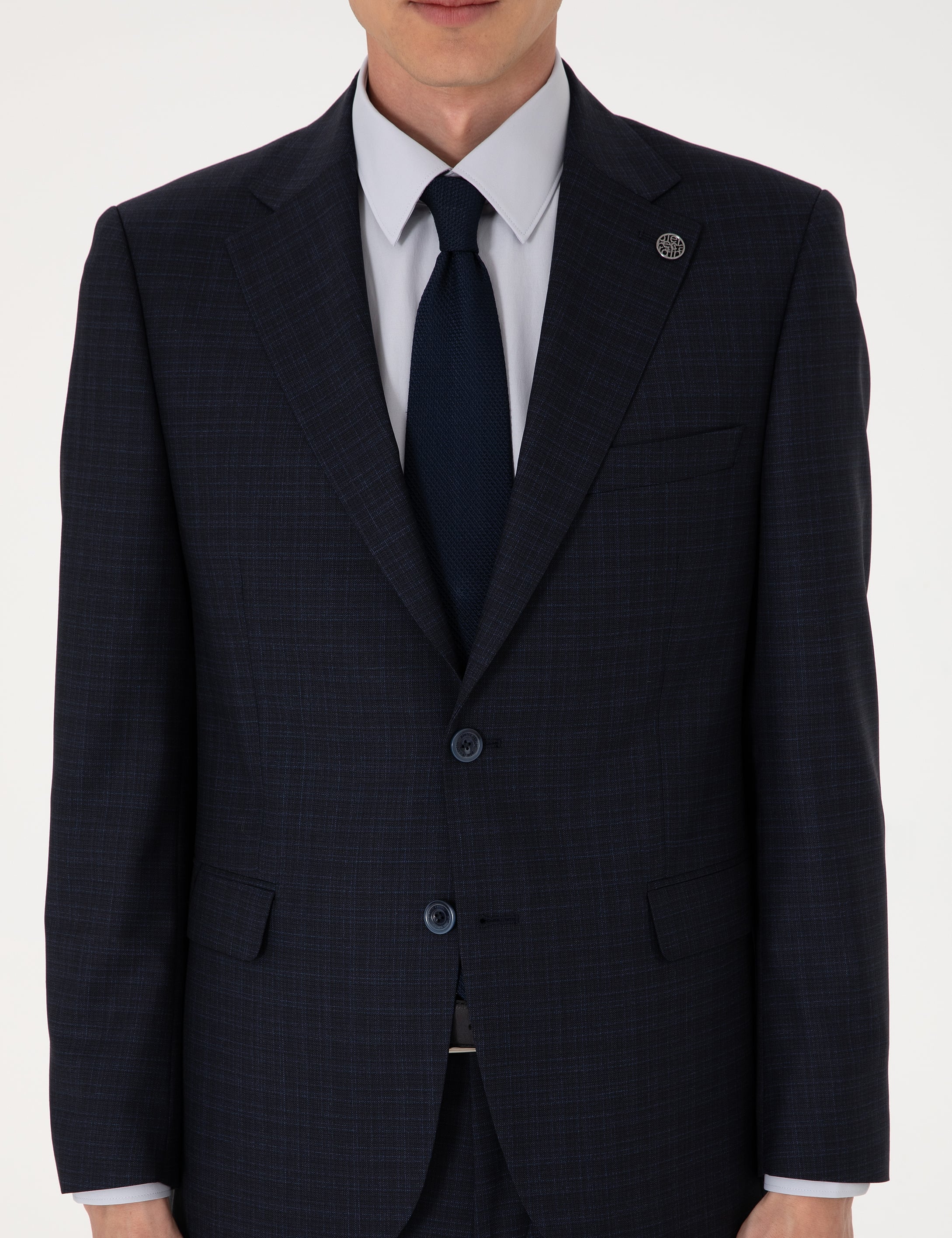 Lacivert Slim Fit %100 Yün Ekose Takım Elbise