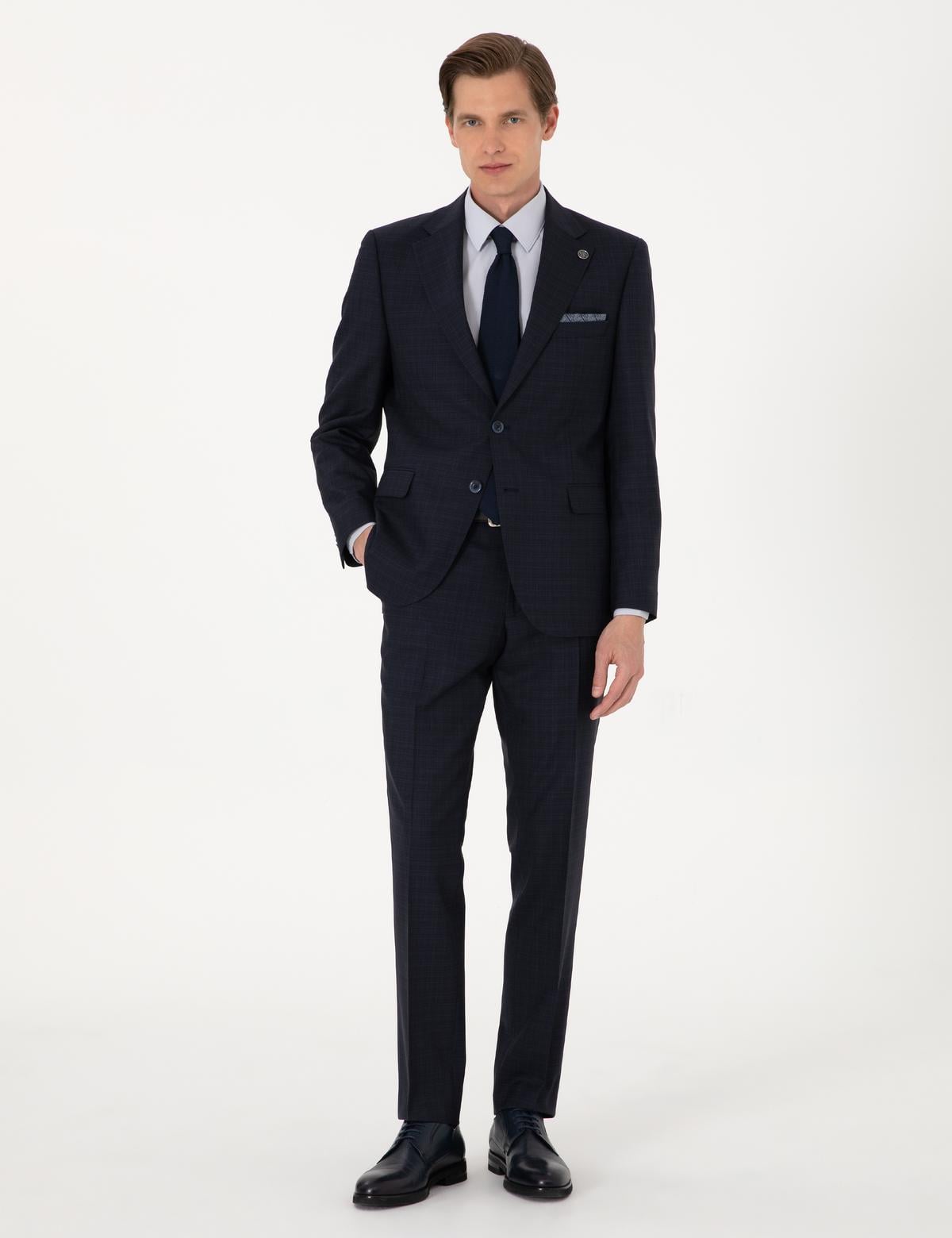 Lacivert Slim Fit %100 Yün Ekose Takım Elbise