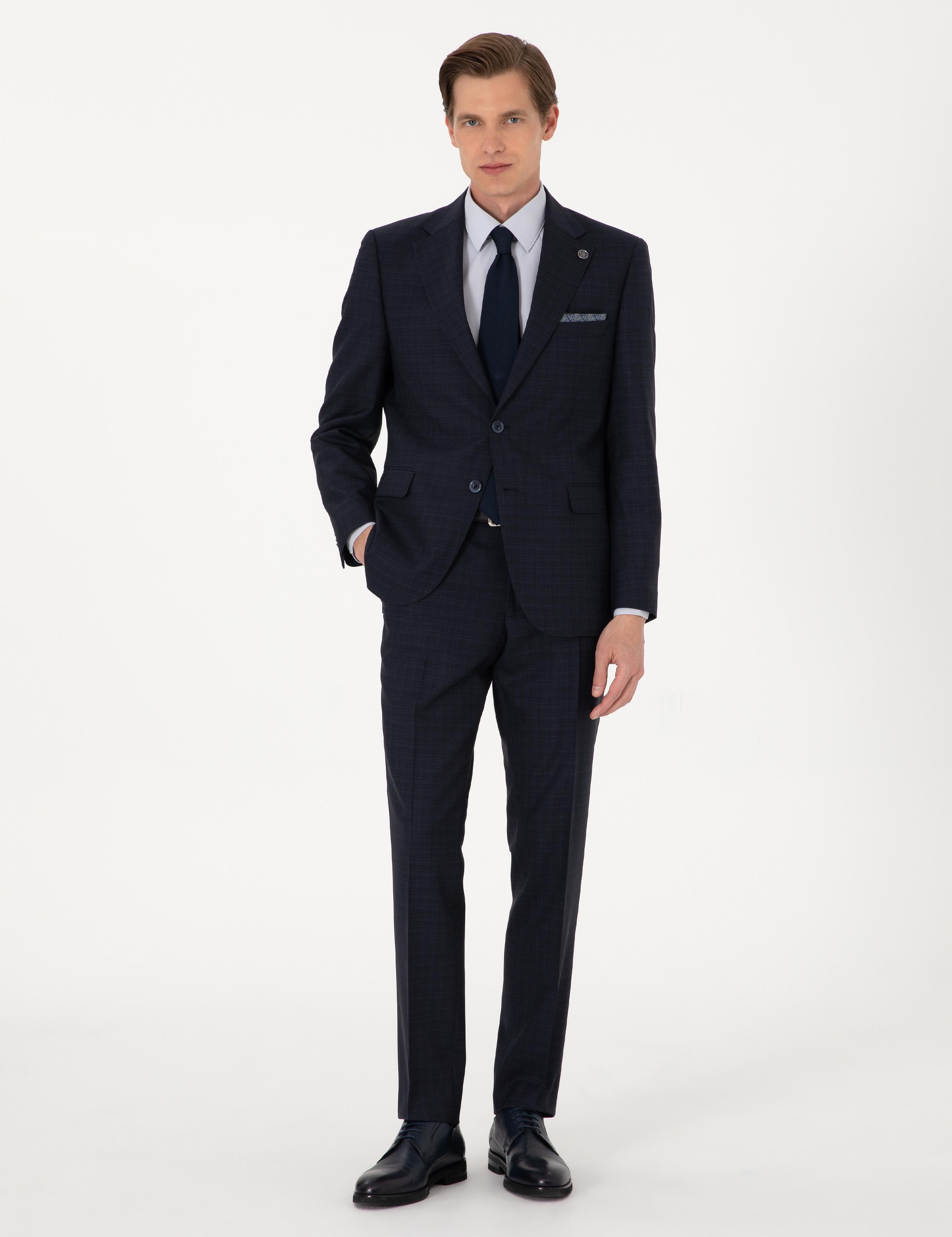 Lacivert Slim Fit %100 Yün Ekose Takım Elbise