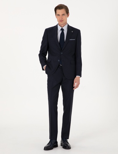Lacivert Slim Fit %100 Yün Ekose Takım Elbise
