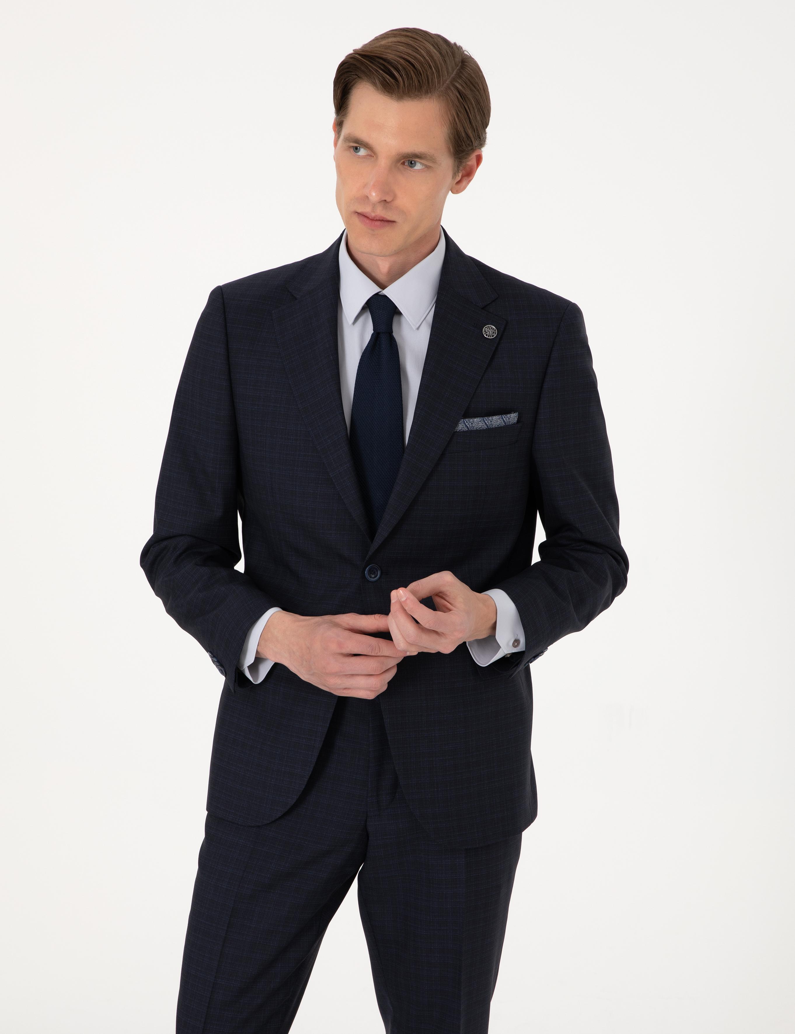 Lacivert Slim Fit %100 Yün Ekose Takım Elbise