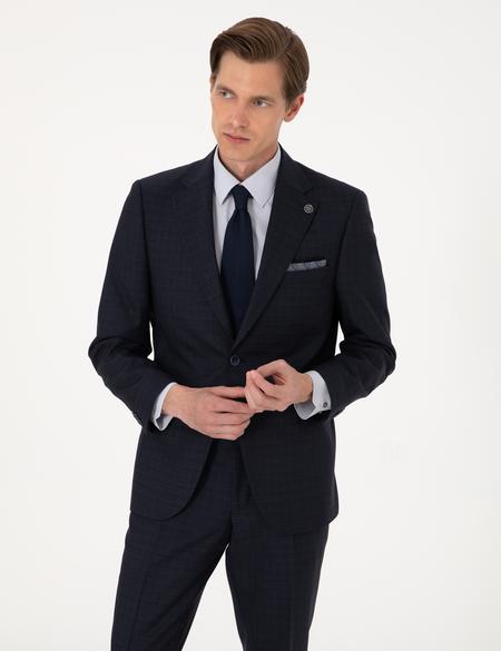 Lacivert Slim Fit %100 Yün Ekose Takım Elbise - 50311236008