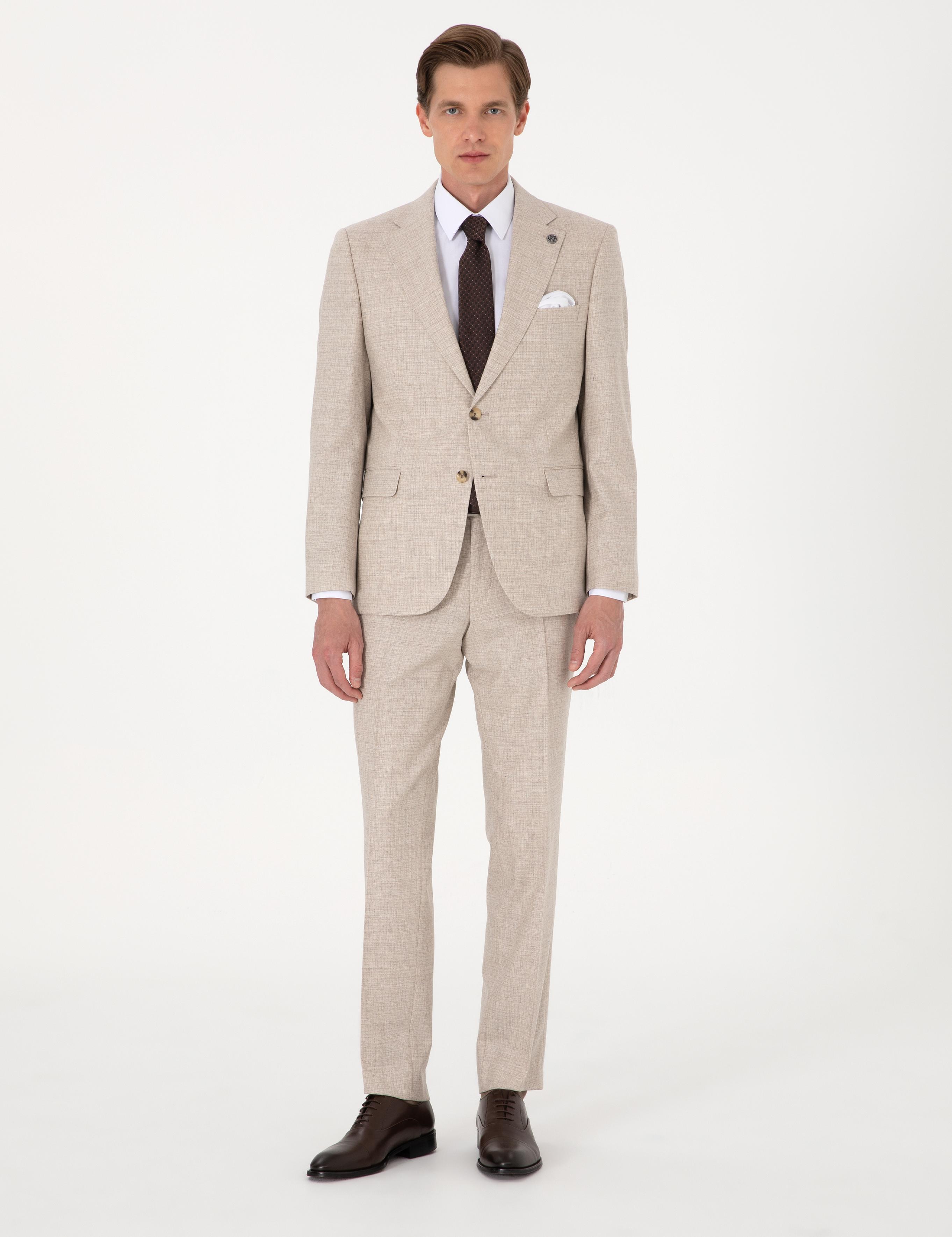 Bej Slim Fit %100 Yün Takım Elbise