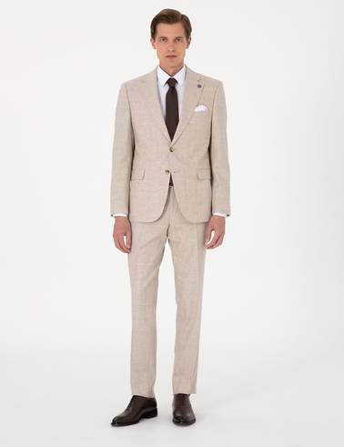 Bej Slim Fit %100 Yün Takım Elbise