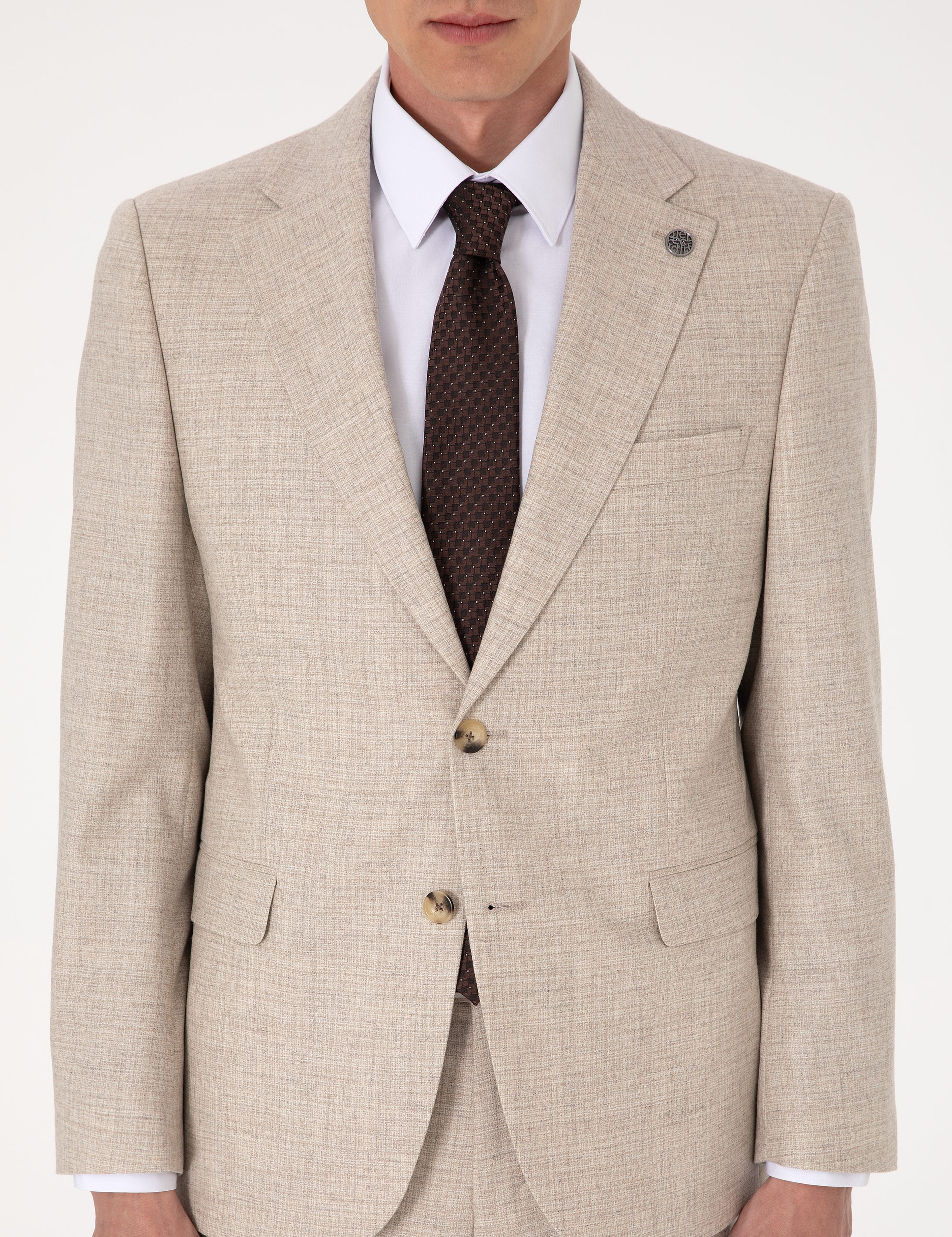 Bej Slim Fit %100 Yün Takım Elbise
