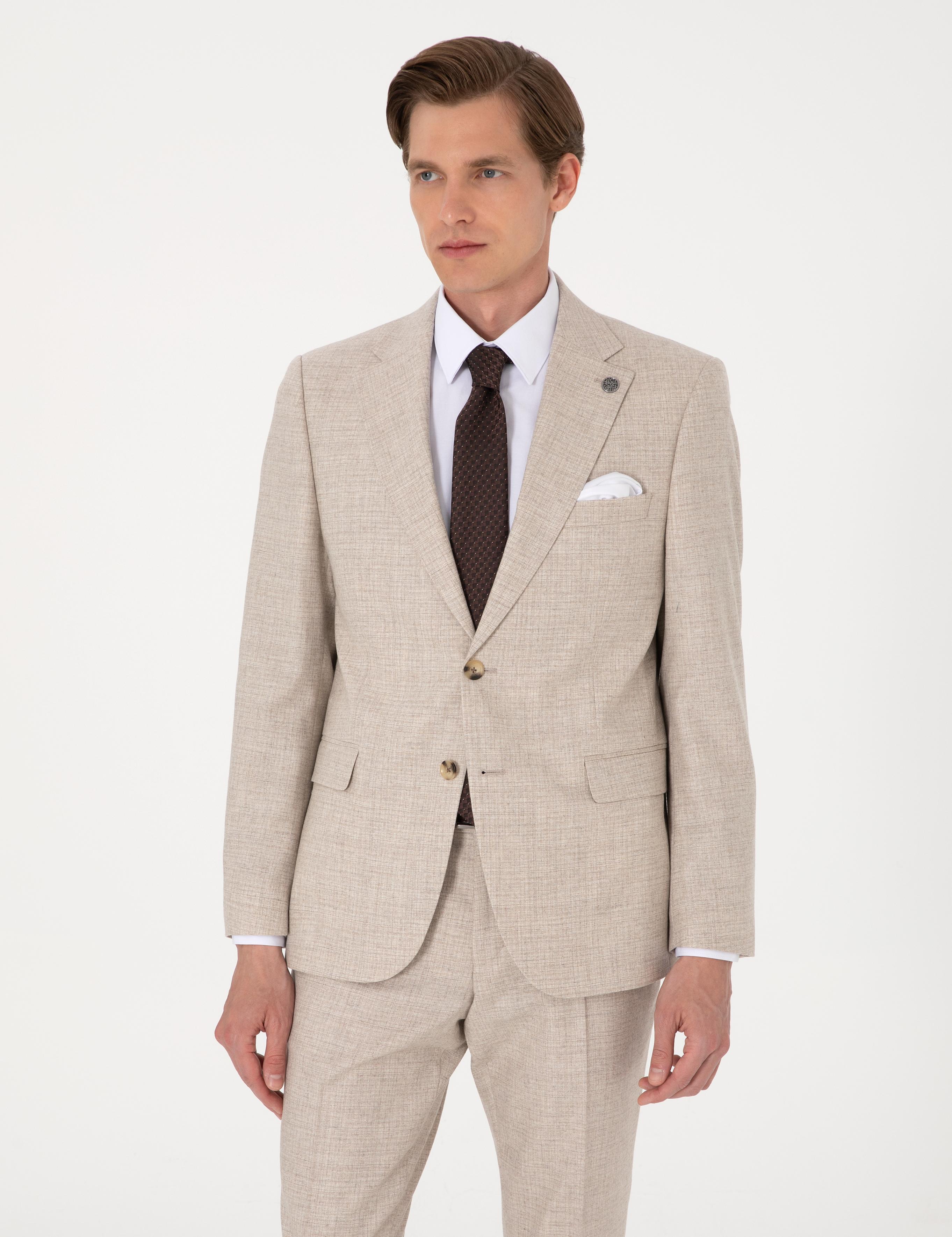 Bej Slim Fit %100 Yün Takım Elbise