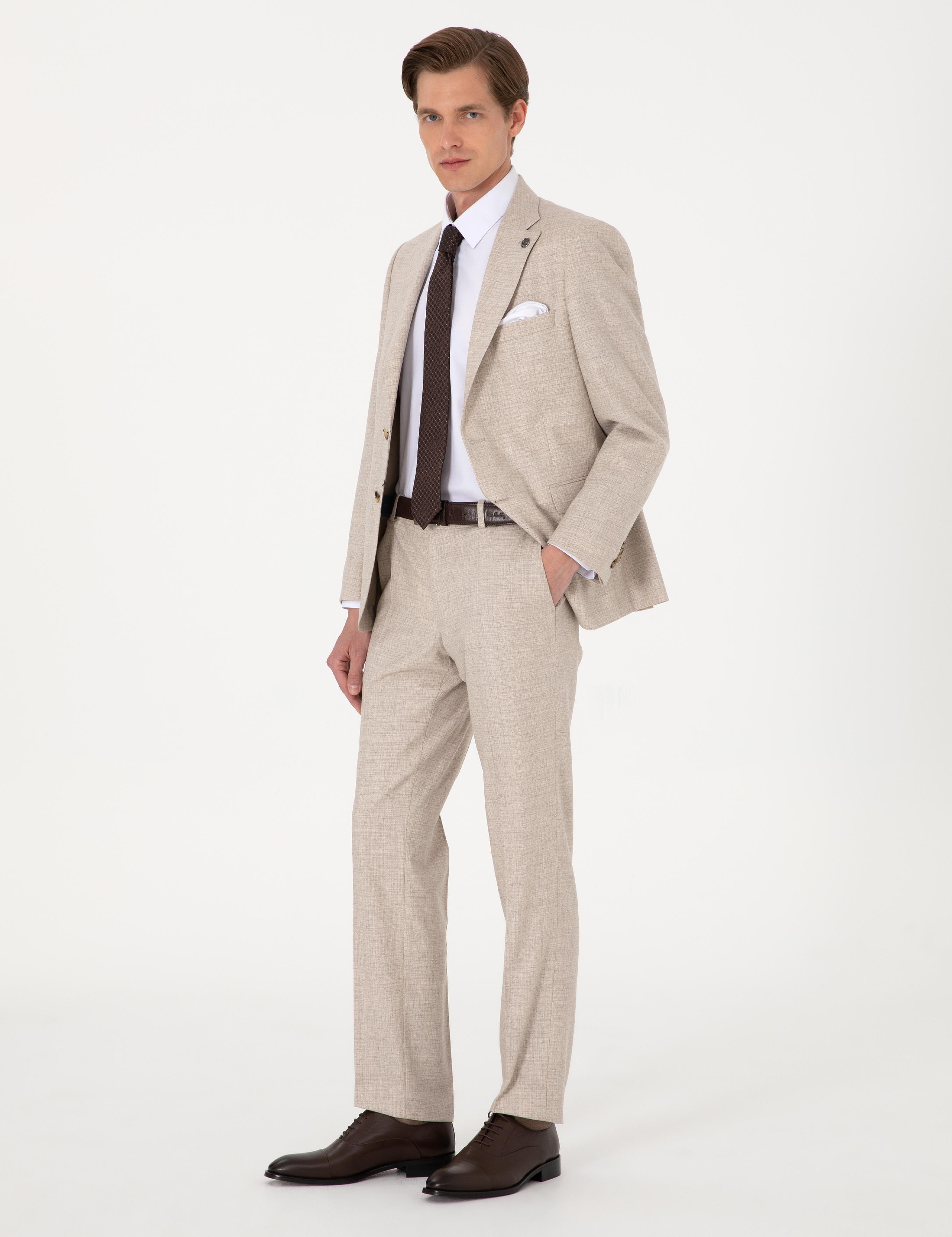 Bej Slim Fit %100 Yün Takım Elbise