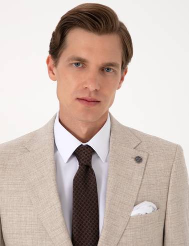 Bej Slim Fit %100 Yün Takım Elbise