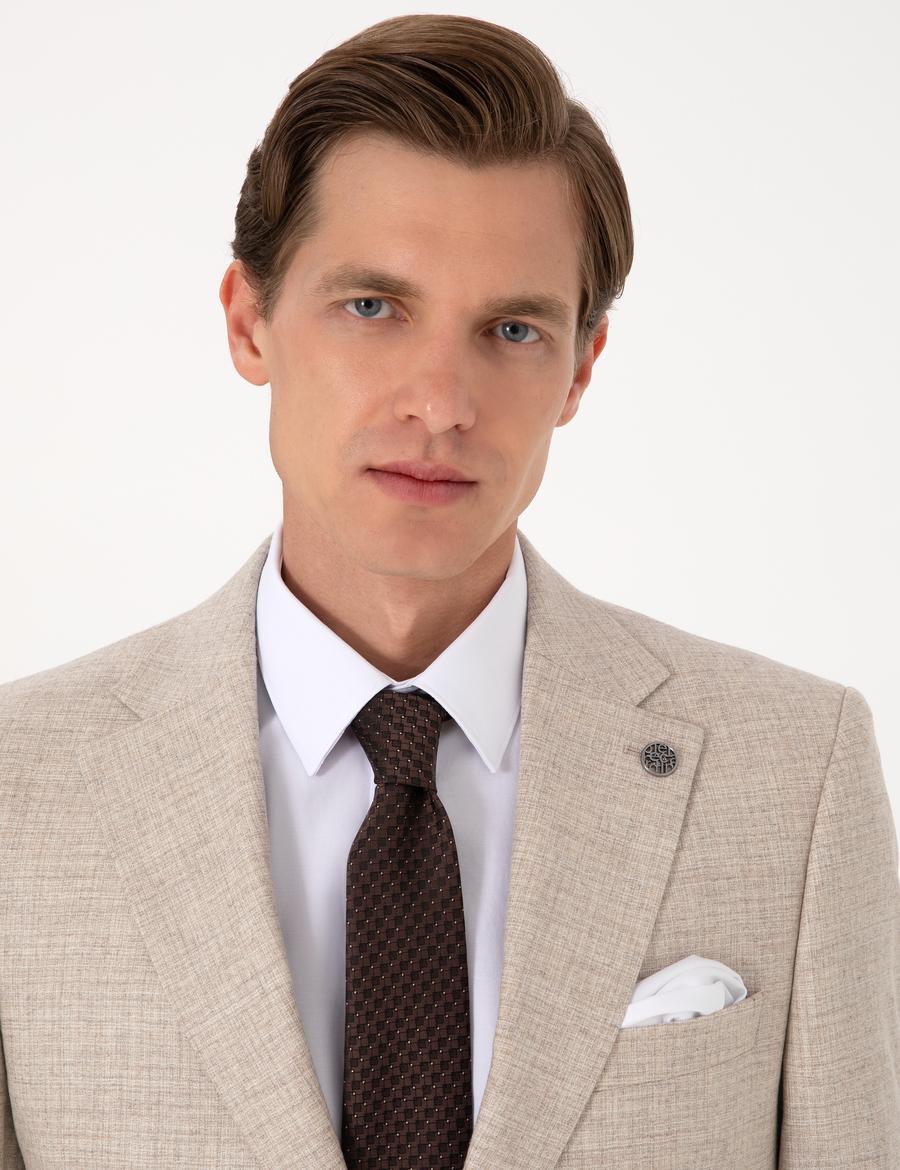 Bej Slim Fit %100 Yün Takım Elbise