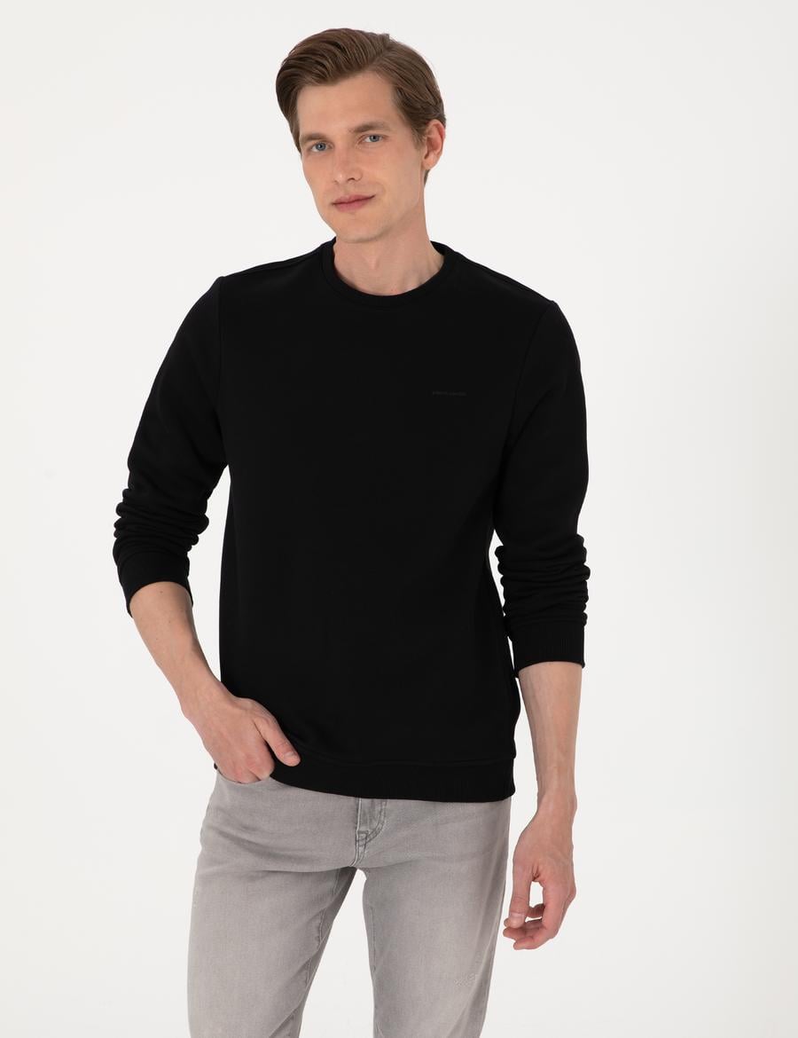 Siyah 3 İplik Regular Fit İçi Polarlı Bisiklet Yaka Basic Sweatshirt