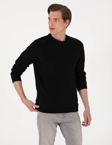 Siyah 3 İplik Regular Fit Bisiklet Yaka Basic Sweatshirt