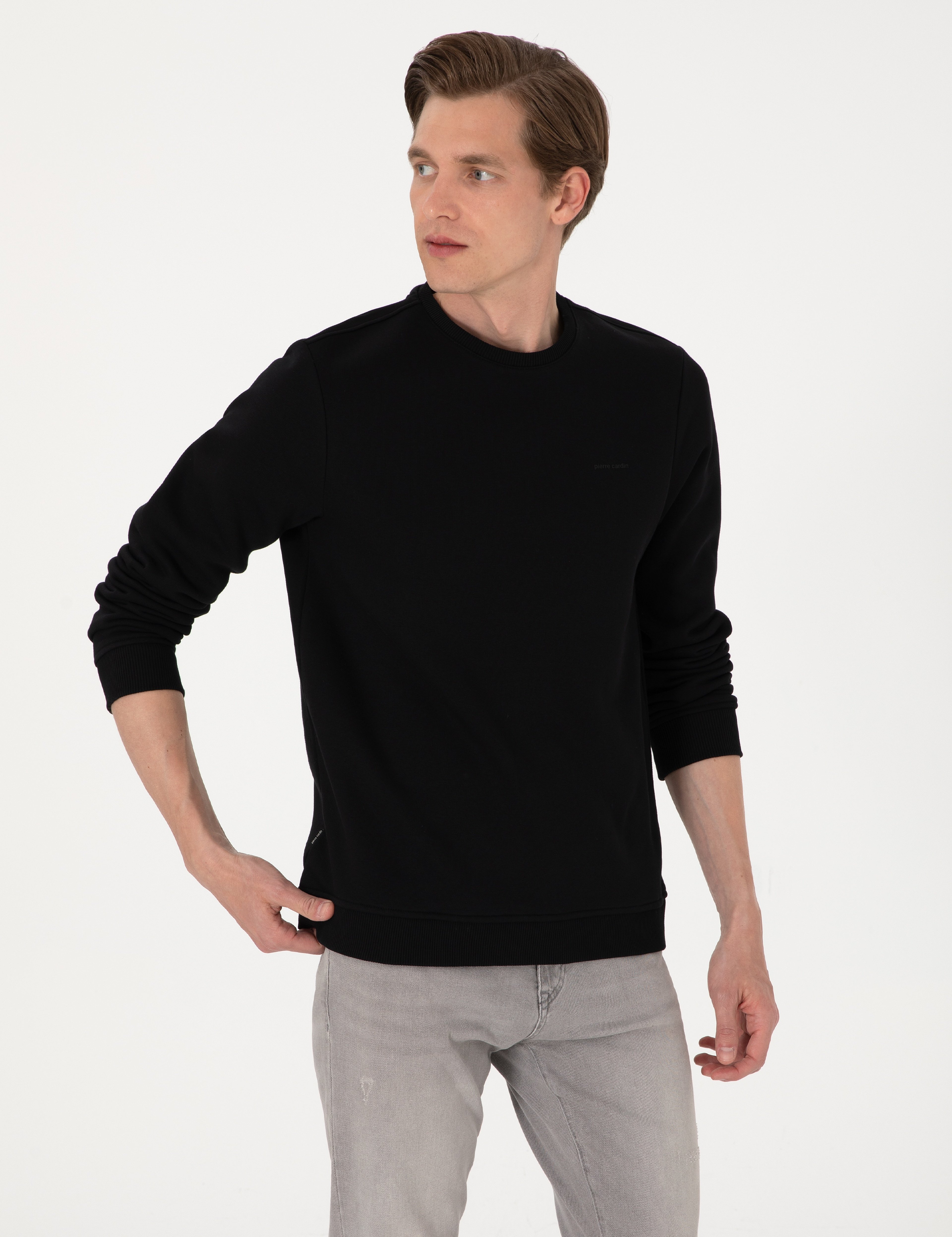 Siyah 3 İplik Regular Fit Bisiklet Yaka Basic Sweatshirt - Image 3