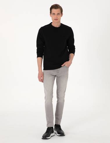 Siyah 3 İplik Regular Fit Bisiklet Yaka Basic Sweatshirt