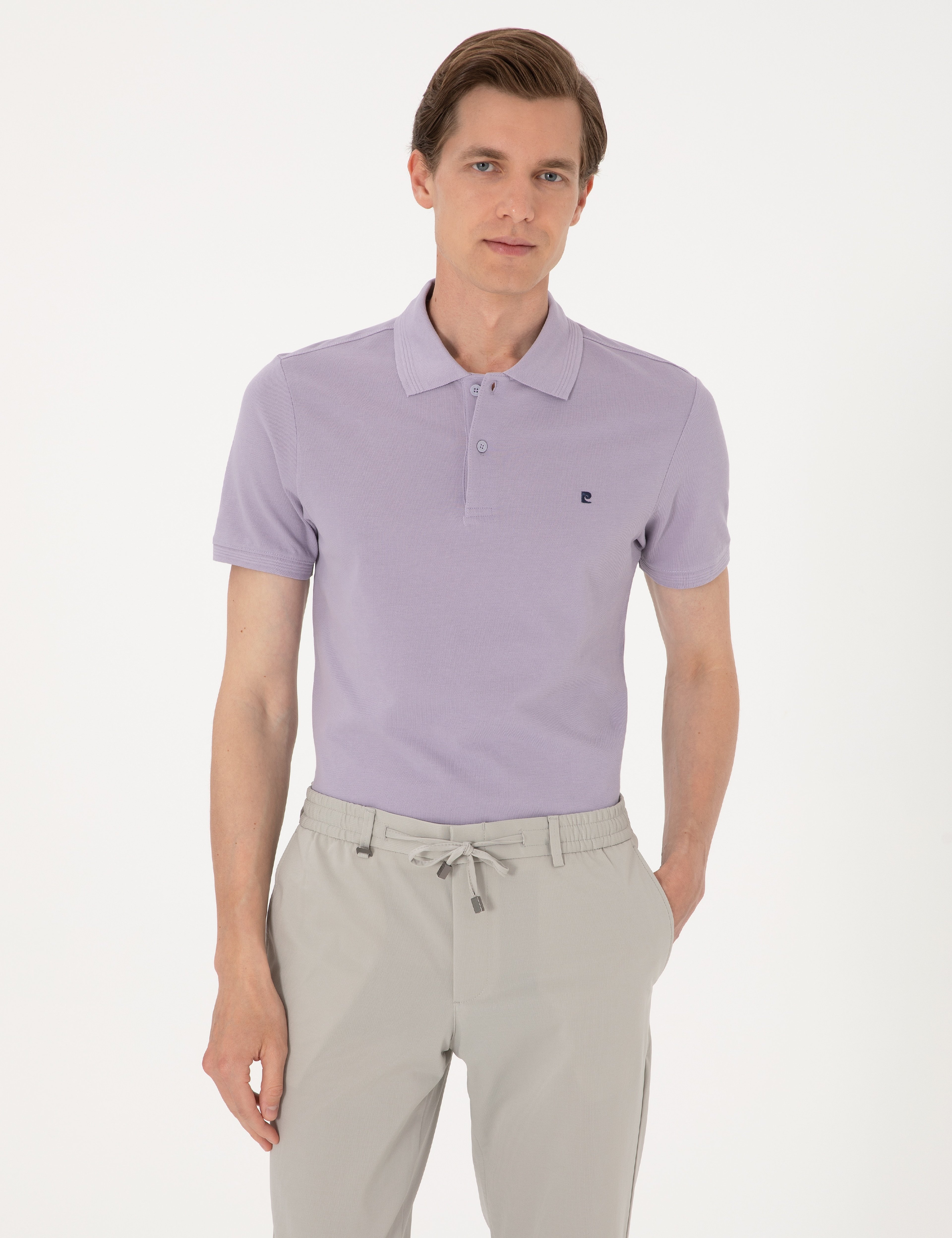 Lila Slim Fit %100 Pamuk Polo Yaka Basic Tişört - Image 1