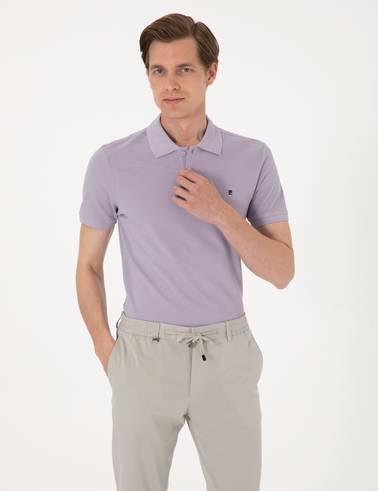 Lila Slim Fit %100 Pamuk Polo Yaka Basic Tişört