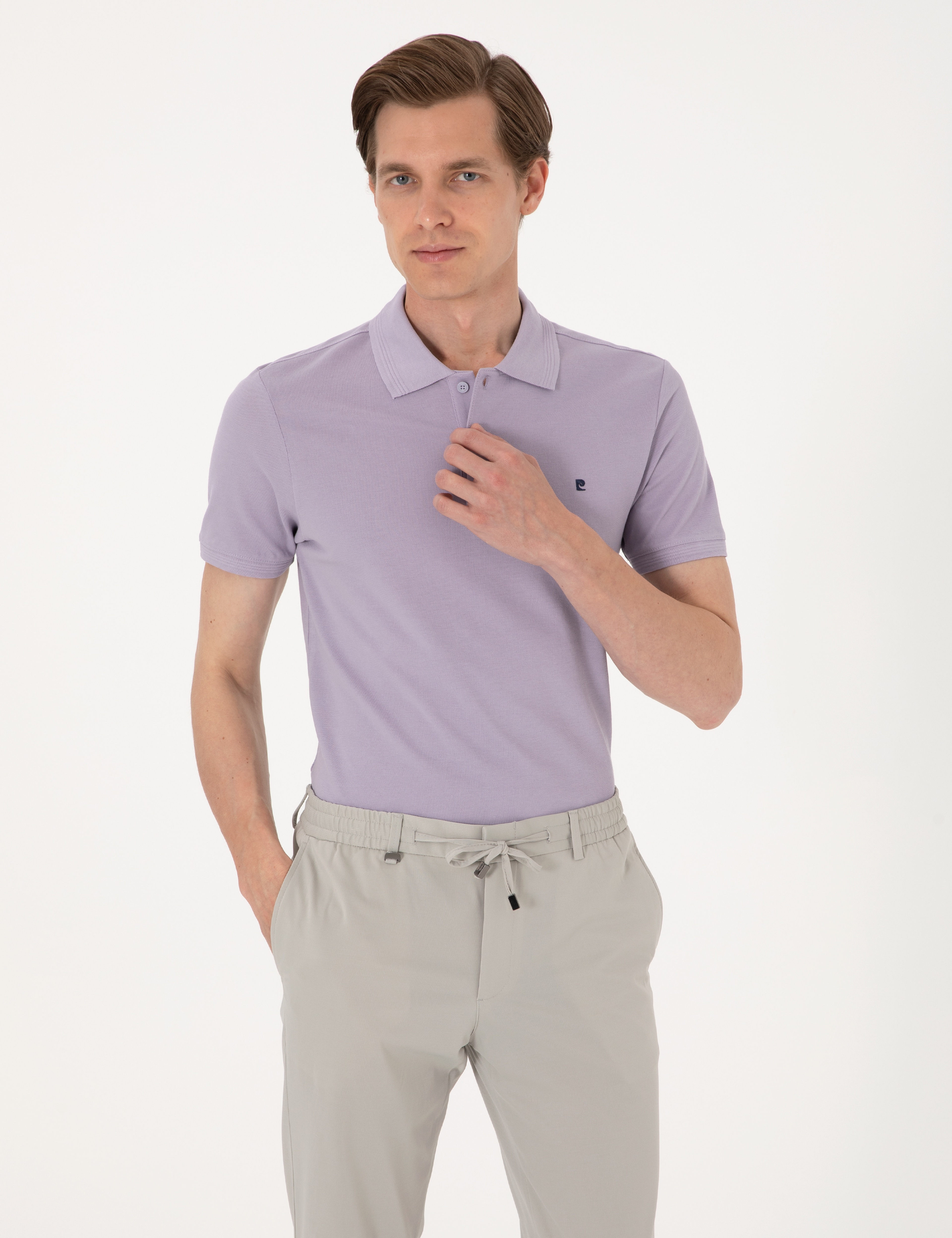 Lila Slim Fit %100 Pamuk Polo Yaka Basic Tişört
