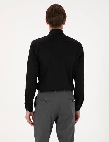 Siyah %100 Pamuk Parlak Saten Slim Fit Uzun Kollu Basic Gömlek