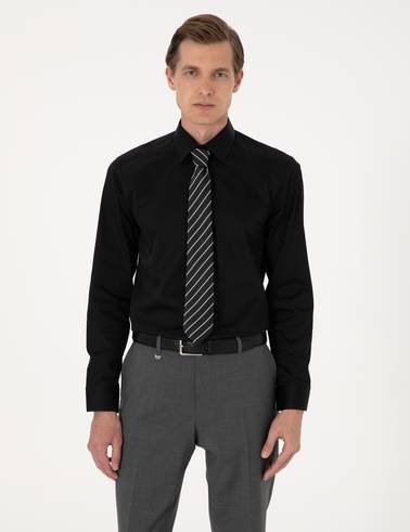 Siyah %100 Pamuk Parlak Saten Slim Fit Uzun Kollu Basic Gömlek