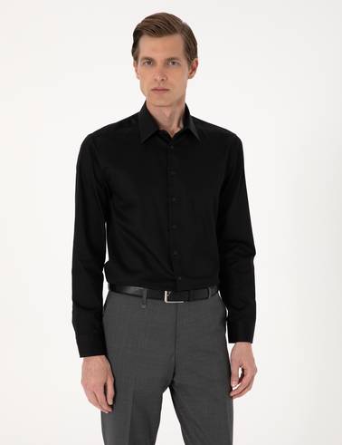 Siyah %100 Pamuk Parlak Saten Slim Fit Uzun Kollu Basic Gömlek