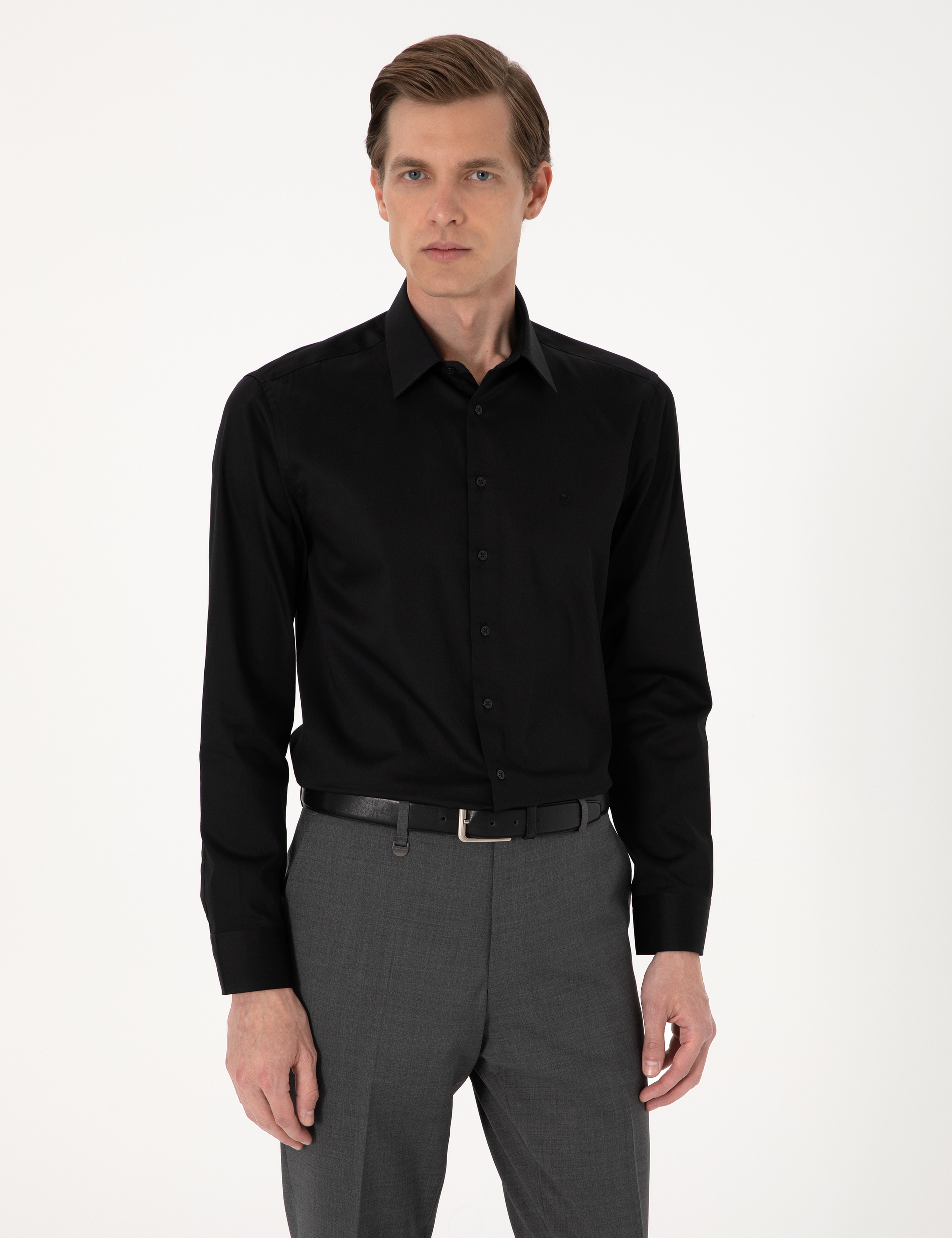 Siyah %100 Pamuk Parlak Saten Slim Fit Uzun Kollu Basic Gömlek - Image 3