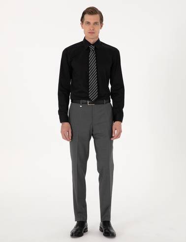 Siyah %100 Pamuk Parlak Saten Slim Fit Uzun Kollu Basic Gömlek