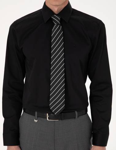 Siyah %100 Pamuk Parlak Saten Slim Fit Uzun Kollu Basic Gömlek