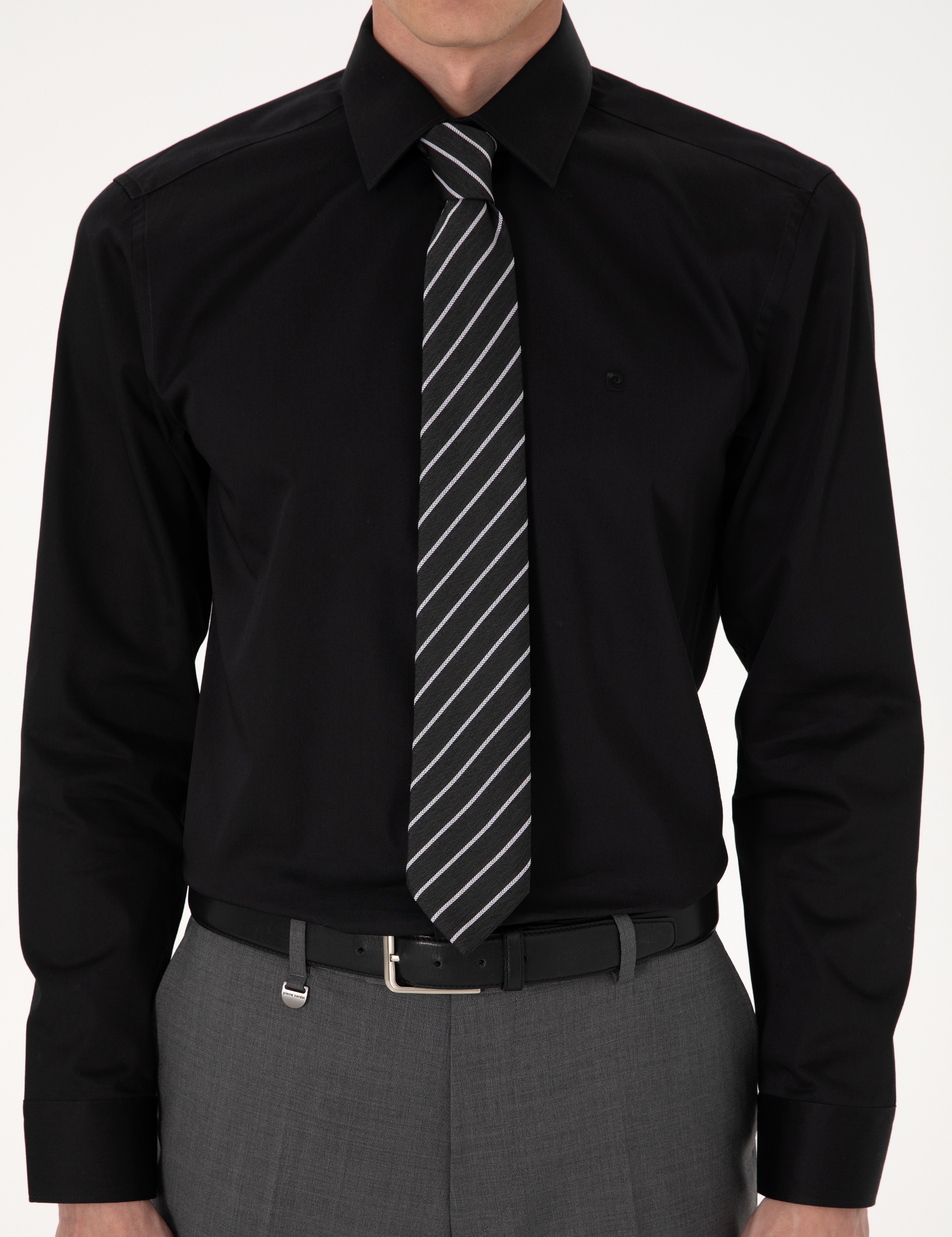 Siyah %100 Pamuk Parlak Saten Slim Fit Uzun Kollu Basic Gömlek - Image 7