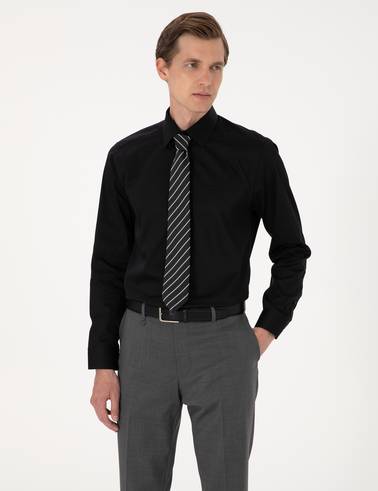 Siyah %100 Pamuk Parlak Saten Slim Fit Uzun Kollu Basic Gömlek