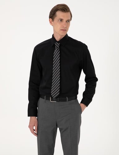 Siyah %100 Pamuk Parlak Saten Slim Fit Uzun Kollu Basic Gömlek