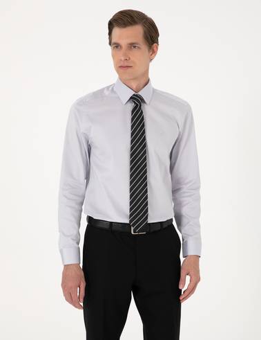 Gri %100 Pamuk Slim Fit Uzun Kollu Basic Gömlek