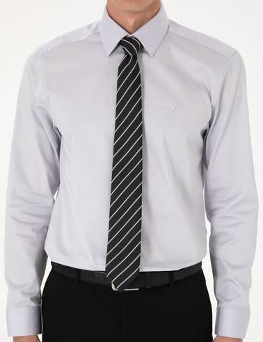 Gri %100 Pamuk Slim Fit Uzun Kollu Basic Gömlek