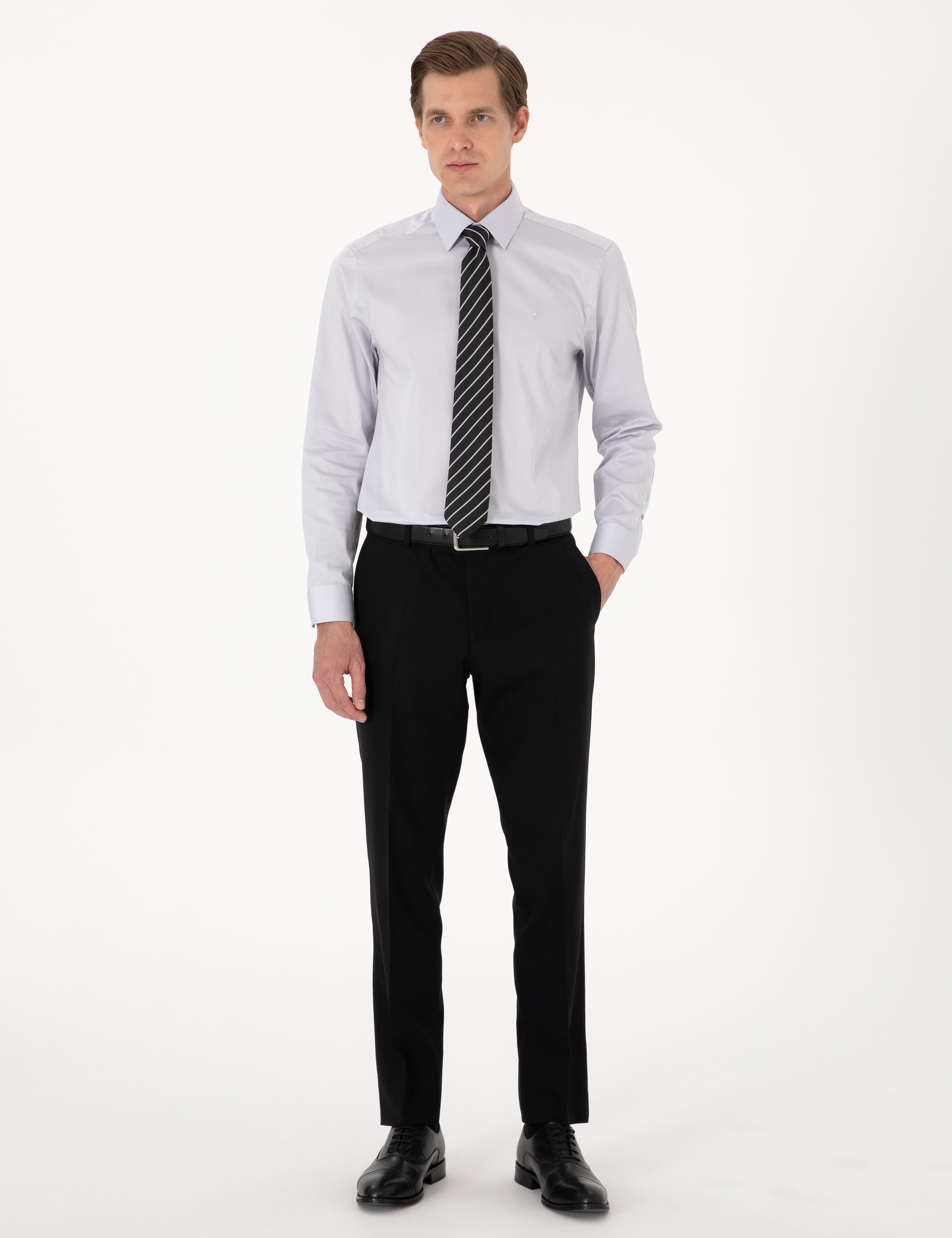 Gri %100 Pamuk Slim Fit Uzun Kollu Basic Gömlek - Image 5