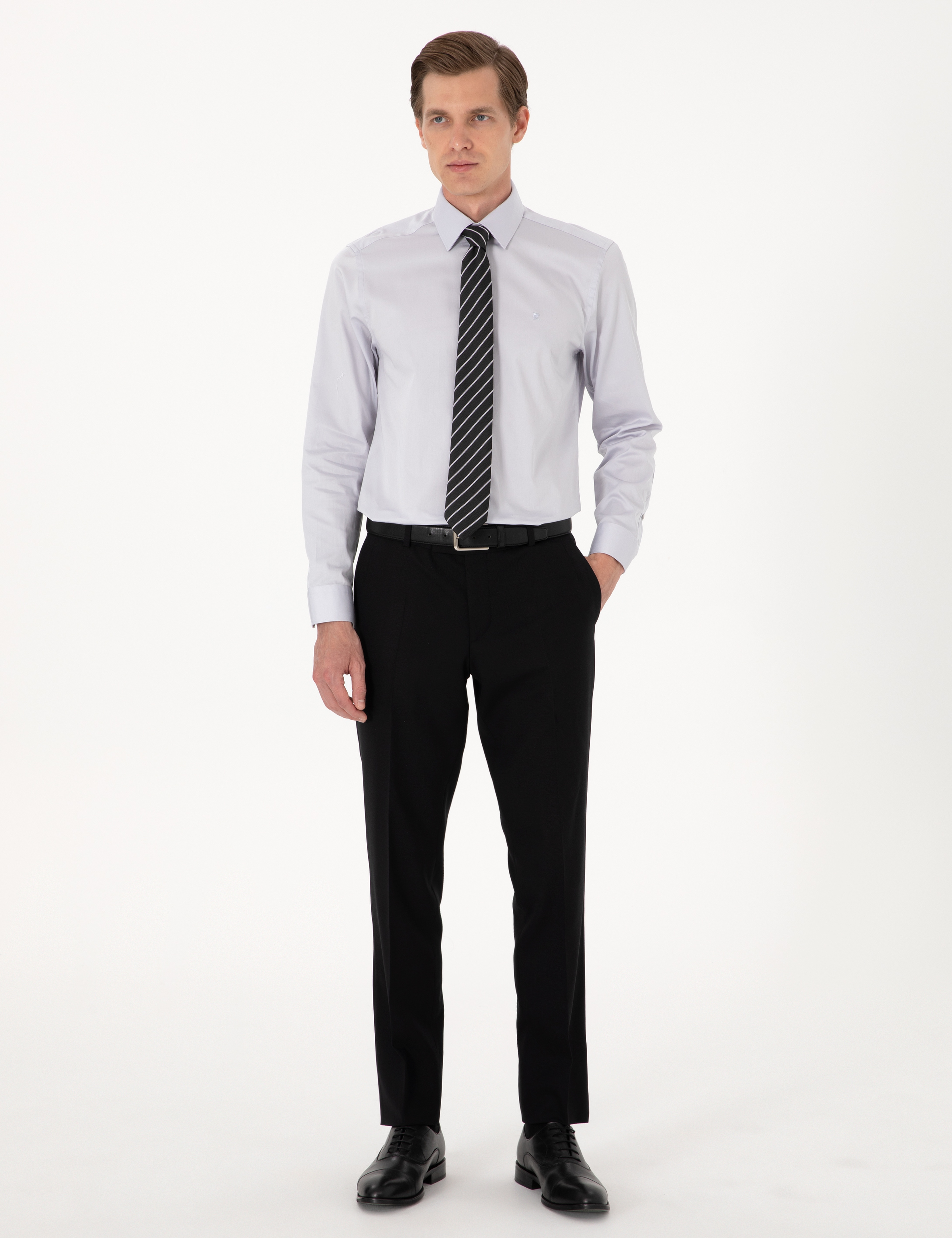 Gri %100 Pamuk Slim Fit Uzun Kollu Basic Gömlek