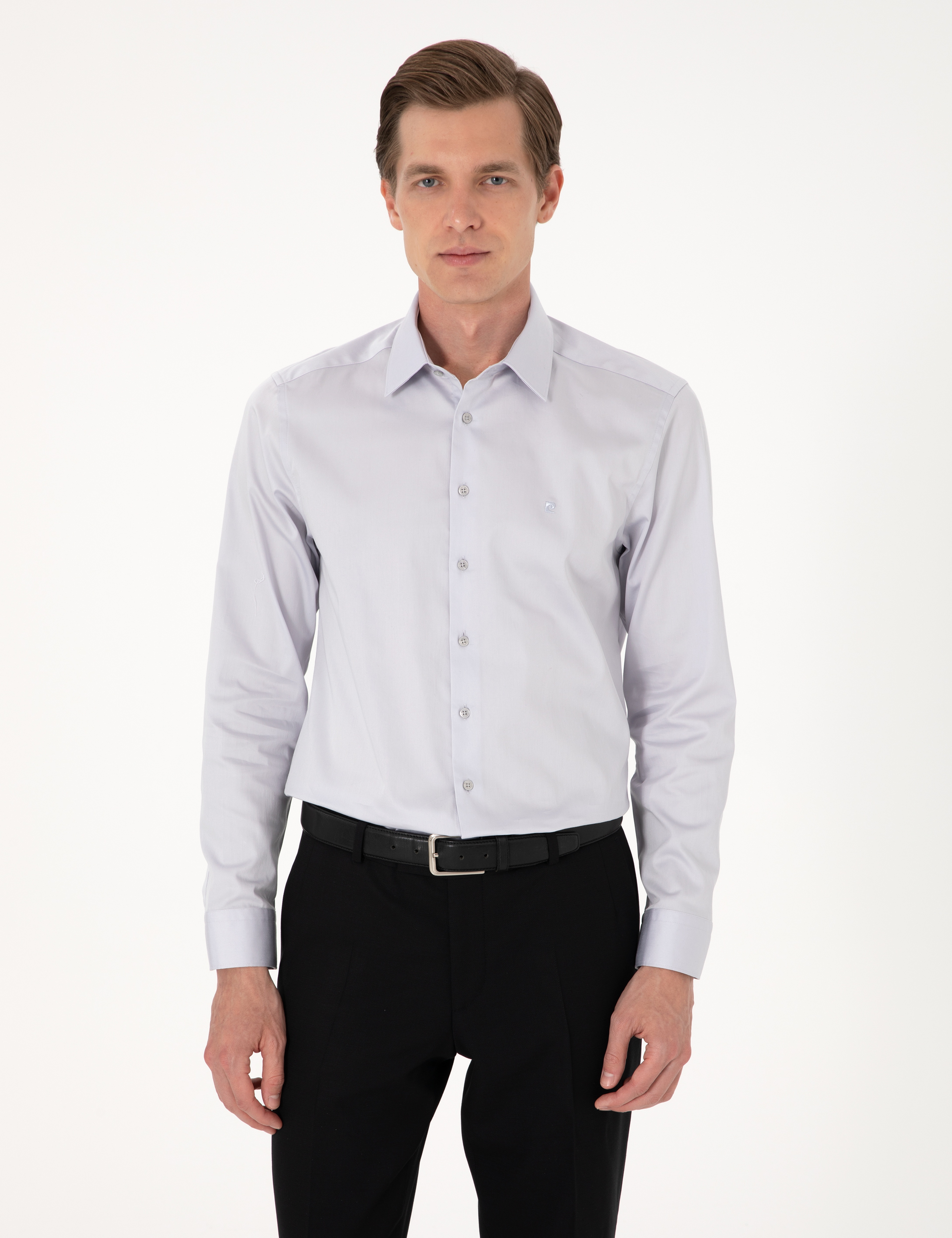 Gri %100 Pamuk Slim Fit Uzun Kollu Basic Gömlek