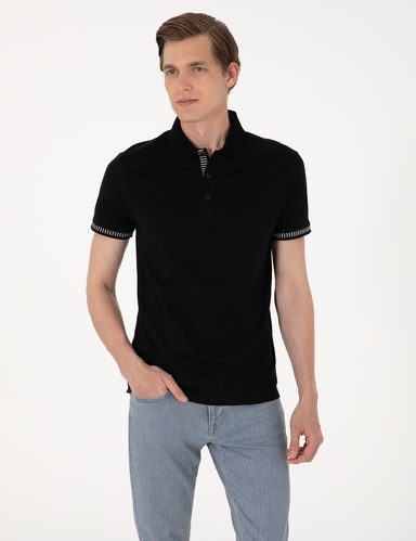 Siyah Slim Fit %100 Pamuk Düğmeli Polo Yaka Tişört