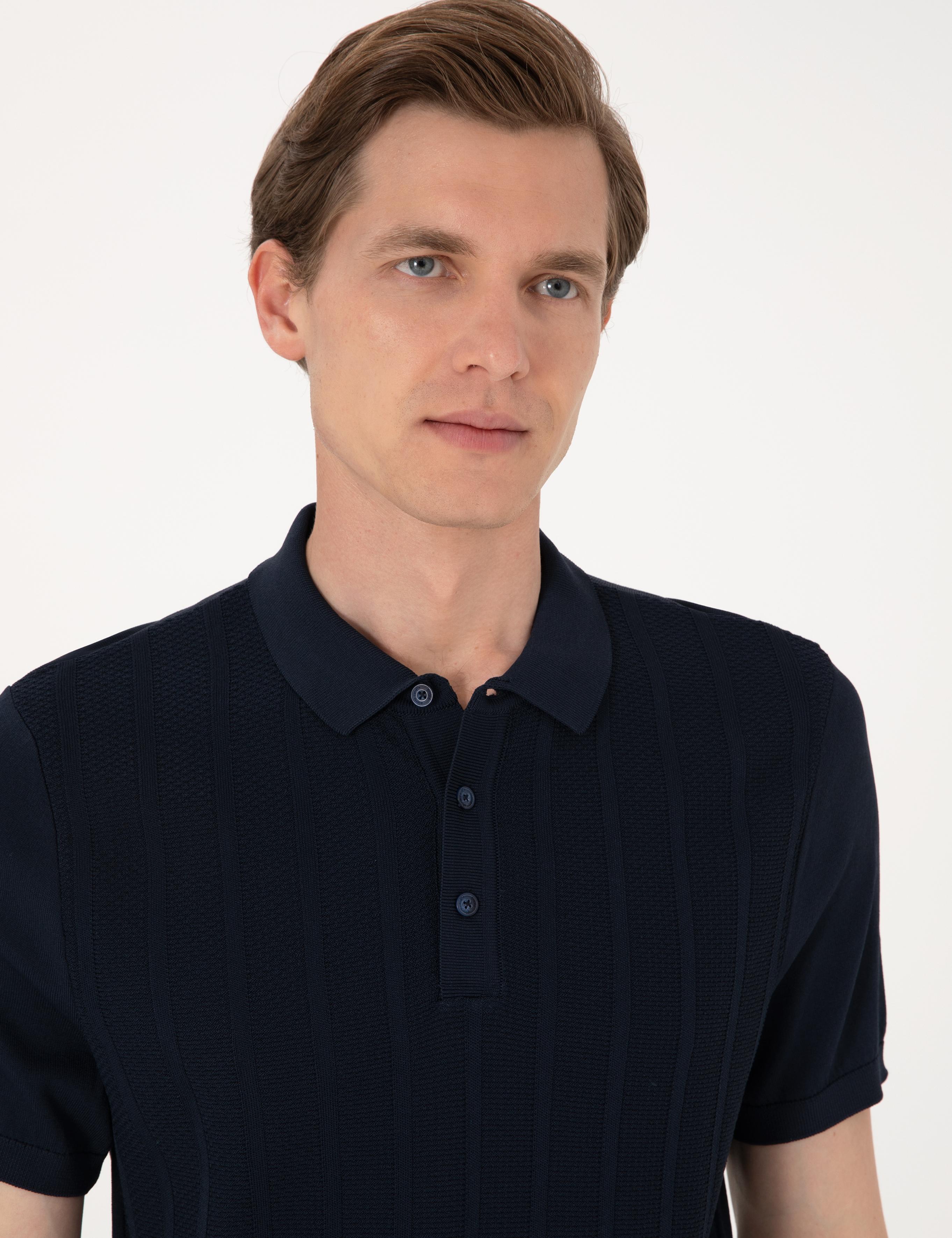 Lacivert Slim Fit Polo Yaka Düğmeli Triko Tişört